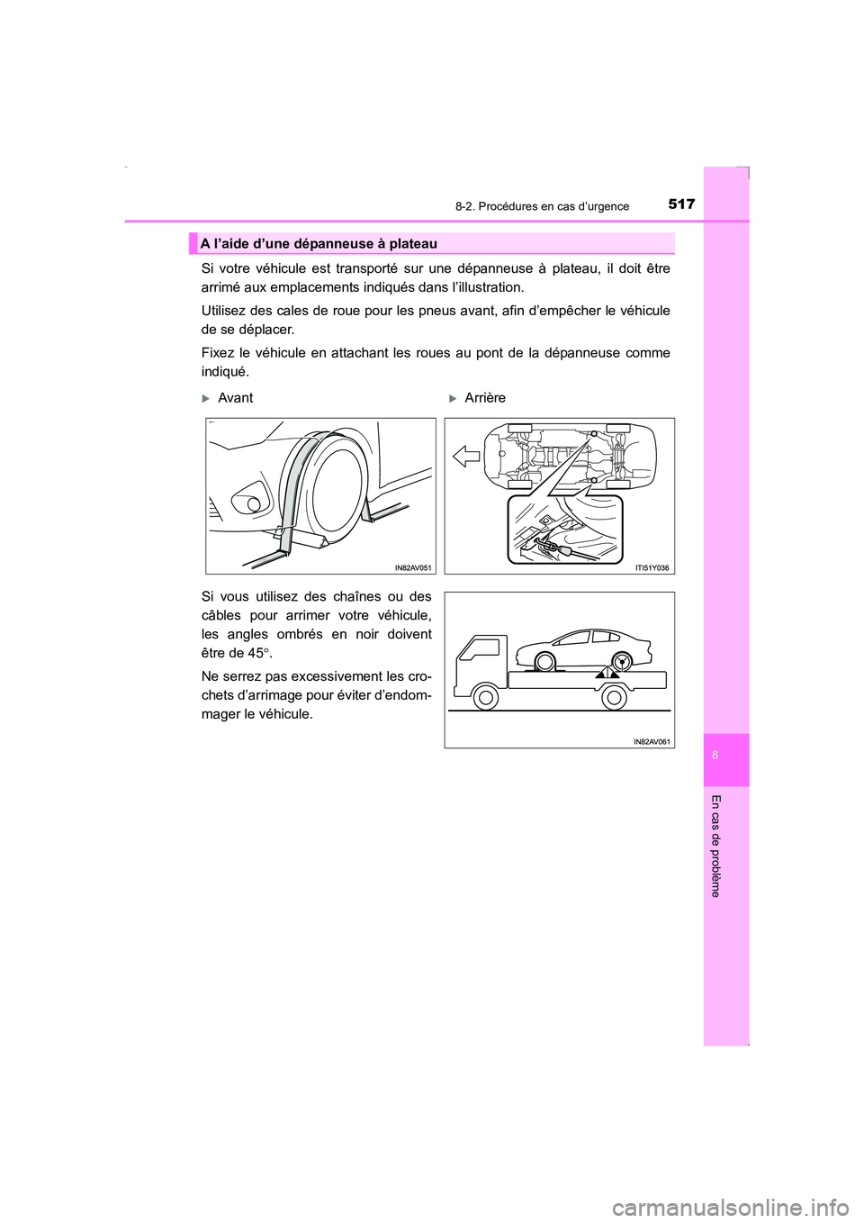 TOYOTA AVENSIS 2016  Notices Demploi (in French) 5178-2. Procédures en cas d’urgence
AVENSIS_OM_OM20C21K_(EK)
8
En cas de problème
Si votre véhicule est transporté sur une dépanneuse à plateau, il doit être
arrimé aux emplacements indiqué