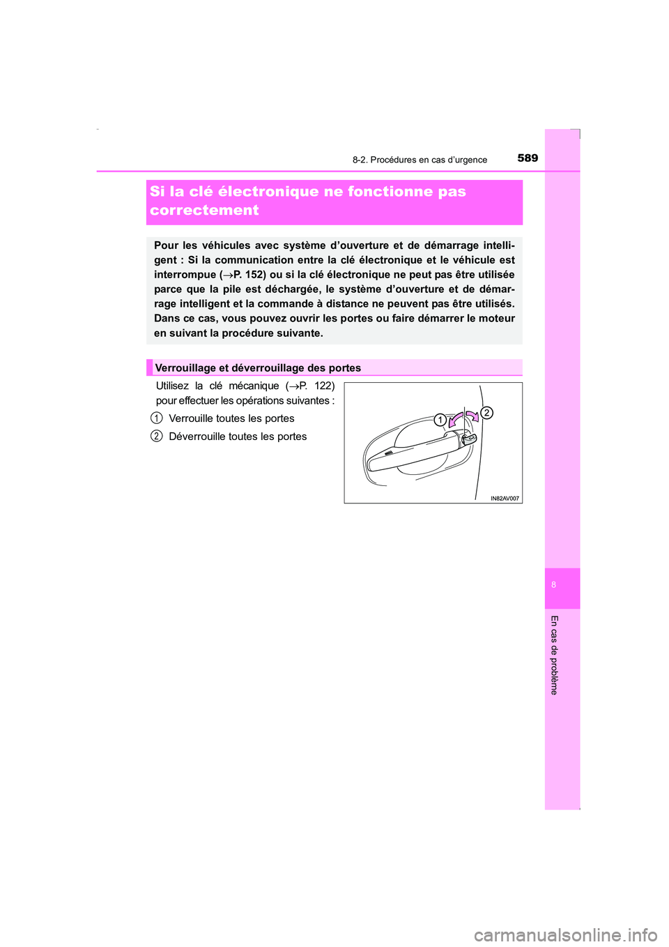 TOYOTA AVENSIS 2016  Notices Demploi (in French) 5898-2. Procédures en cas d’urgence
AVENSIS_OM_OM20C21K_(EK)
8
En cas de problème
Si la clé électronique ne fonctionne pas 
correctement
Utilisez la clé mécanique (→P. 122)
pour effectuer le