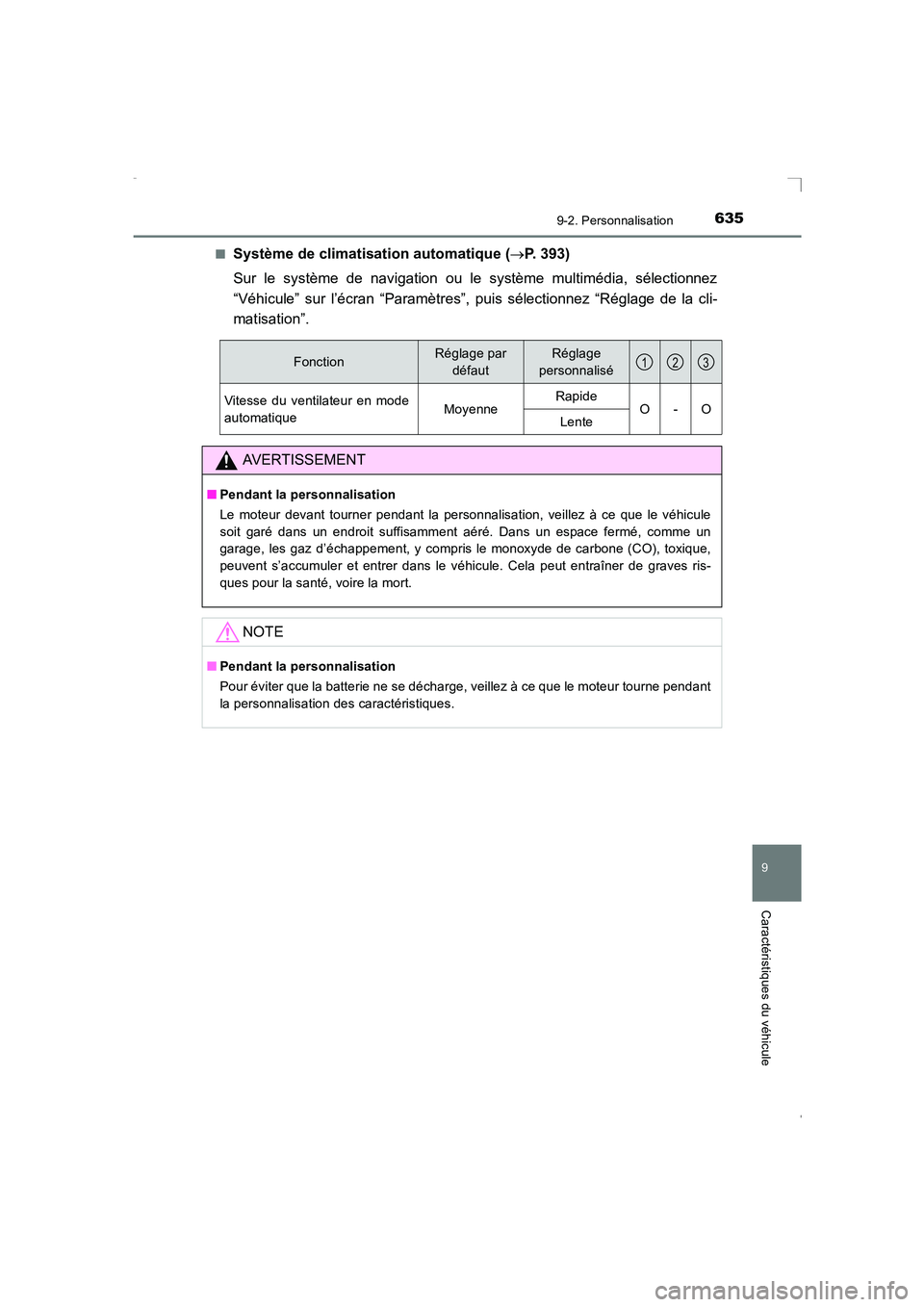 TOYOTA AVENSIS 2016 Notices Demploi (in French) 6359-2. Personnalisation
AVENSIS_OM_OM20C21K_(EK)
9
Caractéristiques du véhicule
■Système de climatisation automatique (→P. 393)
Sur le système de navigation ou le système multimédia, sélec TOYOTA AVENSIS 2016 Notices Demploi (in French) 6359-2. Personnalisation
AVENSIS_OM_OM20C21K_(EK)
9
Caractéristiques du véhicule
■Système de climatisation automatique (→P. 393)
Sur le système de navigation ou le système multimédia, sélec