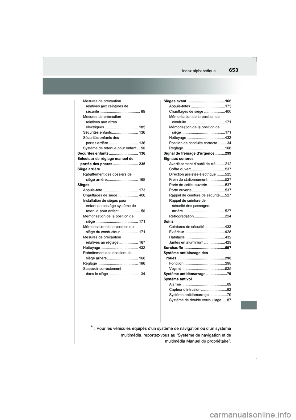 TOYOTA AVENSIS 2016 Notices Demploi (in French) 653Index alphabétique
AVENSIS_OM_OM20C21K_(EK)
Mesures de précaution relatives aux ceintures de
sécurité ....................................... 69
Mesures de précaution
relatives aux vitres
TOYOTA AVENSIS 2016 Notices Demploi (in French) 653Index alphabétique
AVENSIS_OM_OM20C21K_(EK)
Mesures de précaution relatives aux ceintures de
sécurité ....................................... 69
Mesures de précaution
relatives aux vitres