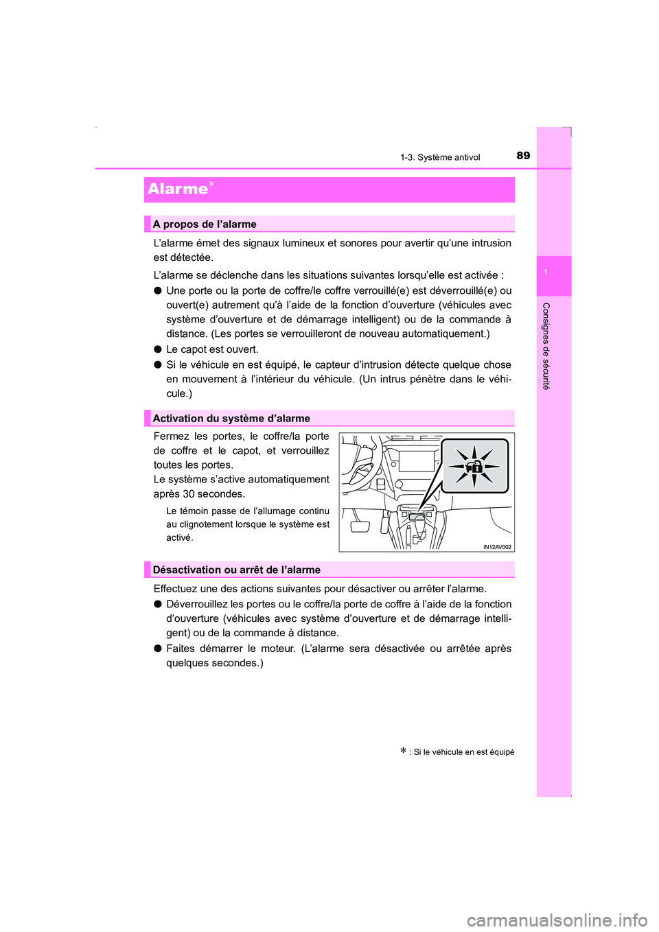 TOYOTA AVENSIS 2016 Notices Demploi (in French) 89
1
1-3. Système antivol
AVENSIS_OM_OM20C21K_(EK)
Consignes de sécurité
Alar me∗
L’alarme émet des signaux lumineux et sonores pour avertir qu’une intrusion
est détectée.
L’alarme se d TOYOTA AVENSIS 2016 Notices Demploi (in French) 89
1
1-3. Système antivol
AVENSIS_OM_OM20C21K_(EK)
Consignes de sécurité
Alar me∗
L’alarme émet des signaux lumineux et sonores pour avertir qu’une intrusion
est détectée.
L’alarme se d