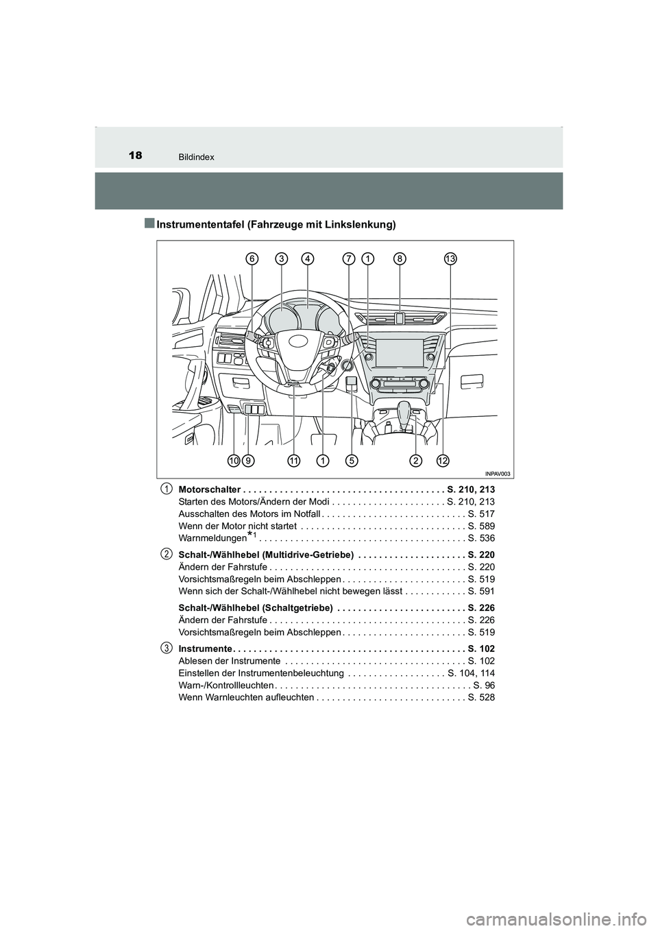 TOYOTA AVENSIS 2016  Betriebsanleitungen (in German) 18Bildindex
AVENSIS_OM_OM20C22M_(EM)
■Instrumententafel (Fahrzeuge mit Linkslenkung)
Motorschalter . . . . . . . . . . . . . . . . . . . . . . . . . . . . . . . . . . . . . . . S. 210, 213
Starten d