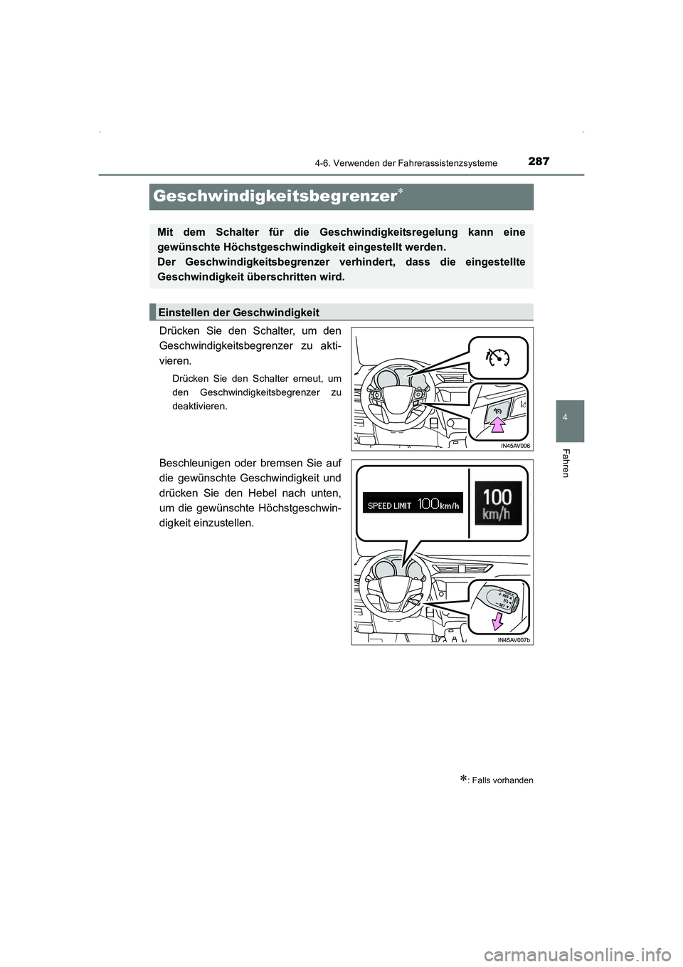 TOYOTA AVENSIS 2016  Betriebsanleitungen (in German) 287
4
4-6. Verwenden der Fahrerassistenzsysteme
Fahren
AVENSIS_OM_OM20C22M_(EM)
Geschwindigkeitsbegrenzer∗
Drücken Sie den Schalter, um den
Geschwindigkeitsbegrenzer zu akti-
vieren.
Drücken Sie d