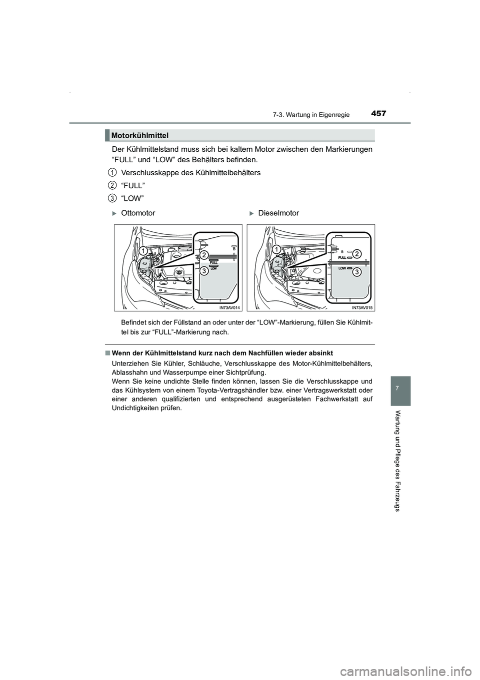 TOYOTA AVENSIS 2016  Betriebsanleitungen (in German) 4577-3. Wartung in Eigenregie
AVENSIS_OM_OM20C22M_(EM)
7
Wartung und Pflege des Fahrzeugs
Der Kühlmittelstand muss sich bei kaltem Motor zwischen den Markierungen
“FULL” und “LOW” des Behält