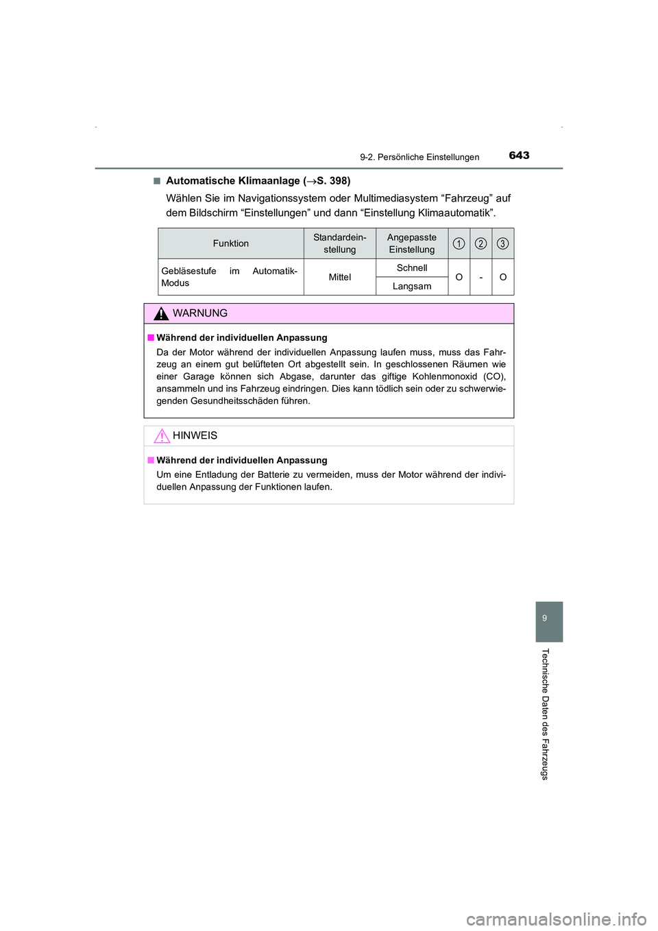 TOYOTA AVENSIS 2016 Betriebsanleitungen (in German) 6439-2. Persönliche Einstellungen
AVENSIS_OM_OM20C22M_(EM)
9
Technische Daten des Fahrzeugs
■Automatische Klimaanlage (→S. 398)
Wählen Sie im Navigationssystem oder Multimediasystem “Fahrzeug TOYOTA AVENSIS 2016 Betriebsanleitungen (in German) 6439-2. Persönliche Einstellungen
AVENSIS_OM_OM20C22M_(EM)
9
Technische Daten des Fahrzeugs
■Automatische Klimaanlage (→S. 398)
Wählen Sie im Navigationssystem oder Multimediasystem “Fahrzeug