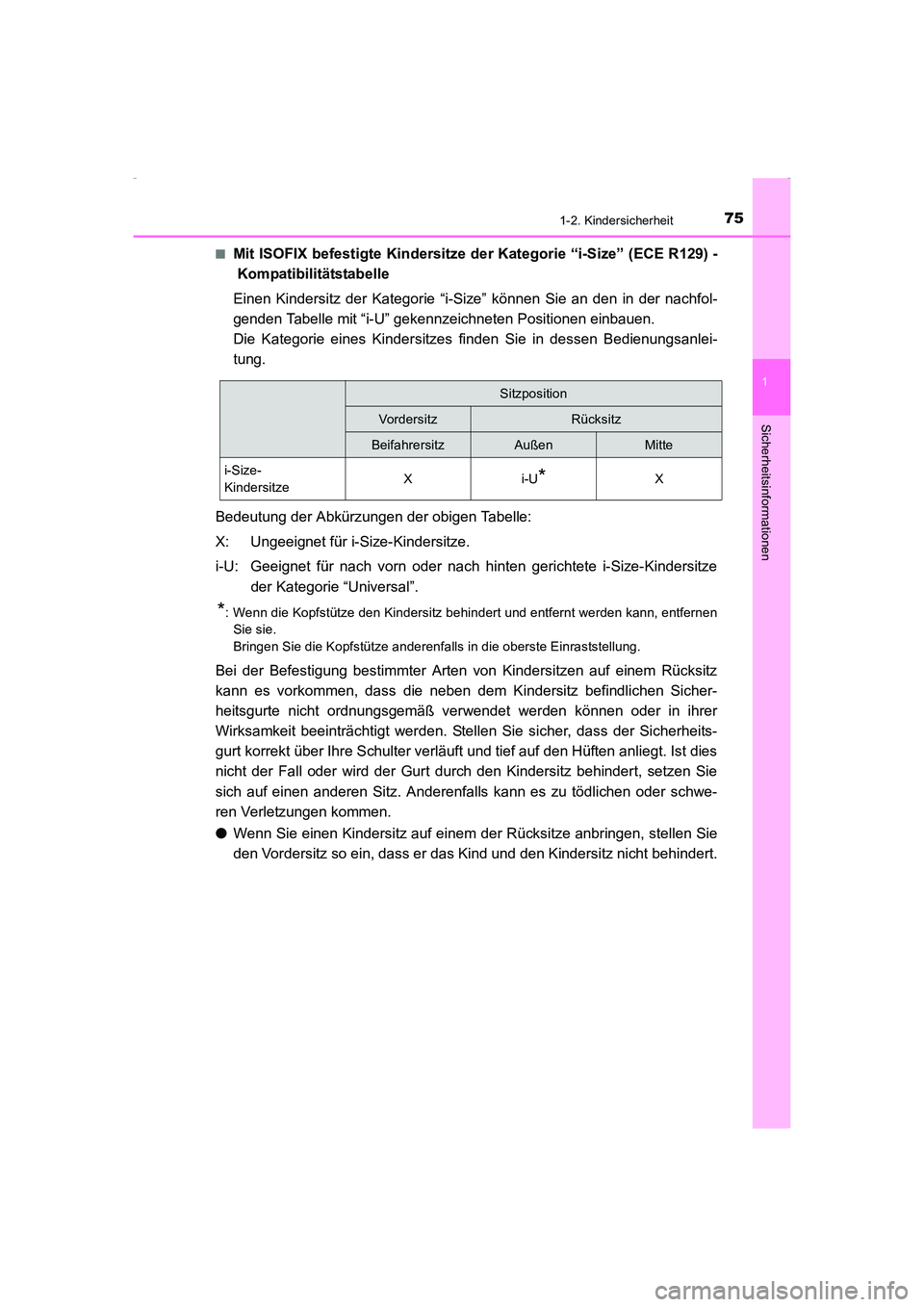 TOYOTA AVENSIS 2016 Betriebsanleitungen (in German) 751-2. Kindersicherheit
1
AVENSIS_OM_OM20C22M_(EM)
Sicherheitsinformationen
■Mit ISOFIX befestigte Kindersitze der Kategorie “i-Size” (ECE R129) -Kompatibilitätstabelle
Einen Kindersitz der Kat TOYOTA AVENSIS 2016 Betriebsanleitungen (in German) 751-2. Kindersicherheit
1
AVENSIS_OM_OM20C22M_(EM)
Sicherheitsinformationen
■Mit ISOFIX befestigte Kindersitze der Kategorie “i-Size” (ECE R129) -Kompatibilitätstabelle
Einen Kindersitz der Kat
