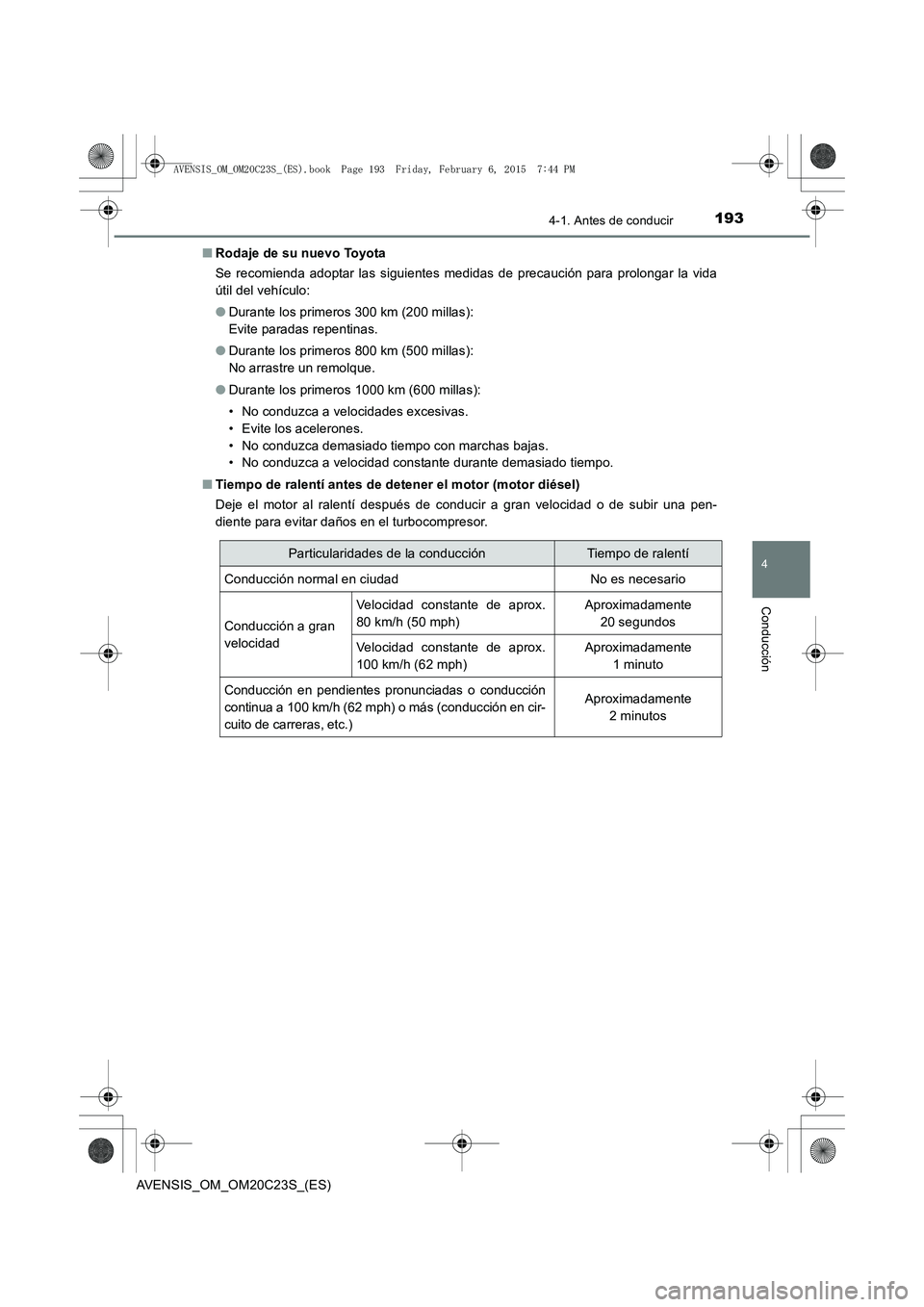 TOYOTA AVENSIS 2016 Manuale de Empleo (in Spanish) 1934-1. Antes de conducir
4
Conducción
AVENSIS_OM_OM20C23S_(ES)■
Rodaje de su nuevo Toyota
Se recomienda adoptar las siguientes medidas de precaución para prolongar la vida
útil del vehículo:
TOYOTA AVENSIS 2016 Manuale de Empleo (in Spanish) 1934-1. Antes de conducir
4
Conducción
AVENSIS_OM_OM20C23S_(ES)■
Rodaje de su nuevo Toyota
Se recomienda adoptar las siguientes medidas de precaución para prolongar la vida
útil del vehículo: