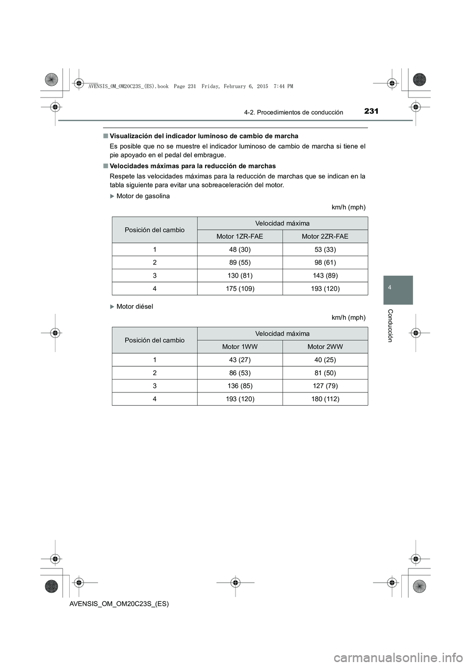 TOYOTA AVENSIS 2016  Manuale de Empleo (in Spanish) 2314-2. Procedimientos de conducción
4
Conducción
AVENSIS_OM_OM20C23S_(ES)
■Visualización del indicador luminoso de cambio de marcha
Es posible que no se muestre el indicador luminoso de cambio d