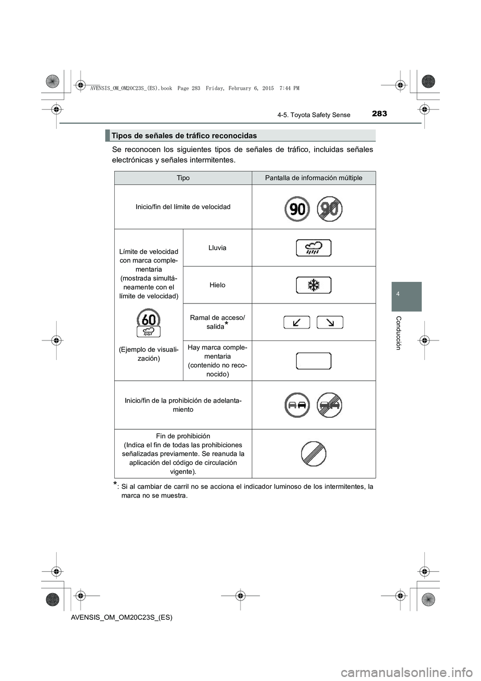 TOYOTA AVENSIS 2016  Manuale de Empleo (in Spanish) 2834-5. Toyota Safety Sense
4
Conducción
AVENSIS_OM_OM20C23S_(ES)
Se reconocen los siguientes tipos de señales de tráfico, incluidas señales
electrónicas y señales intermitentes.
*: Si al cambia