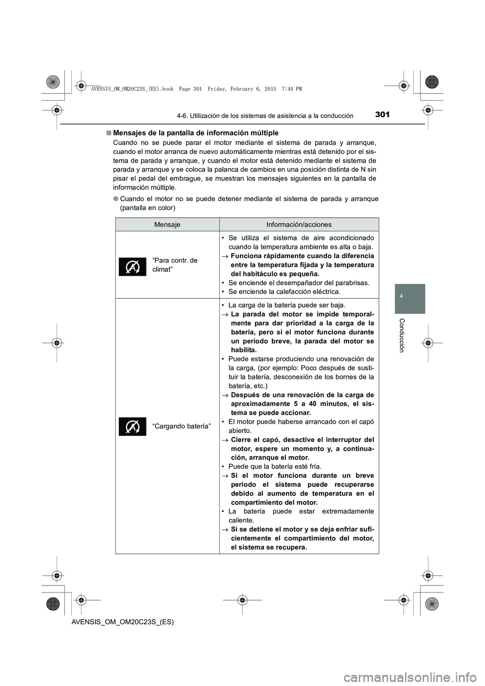 TOYOTA AVENSIS 2016 Manuale de Empleo (in Spanish) 3014-6. Utilización de los sistemas de asistencia a la conducción
4
Conducción
AVENSIS_OM_OM20C23S_(ES)■
Mensajes de la pantalla de información múltiple
Cuando no se puede parar el motor median TOYOTA AVENSIS 2016 Manuale de Empleo (in Spanish) 3014-6. Utilización de los sistemas de asistencia a la conducción
4
Conducción
AVENSIS_OM_OM20C23S_(ES)■
Mensajes de la pantalla de información múltiple
Cuando no se puede parar el motor median