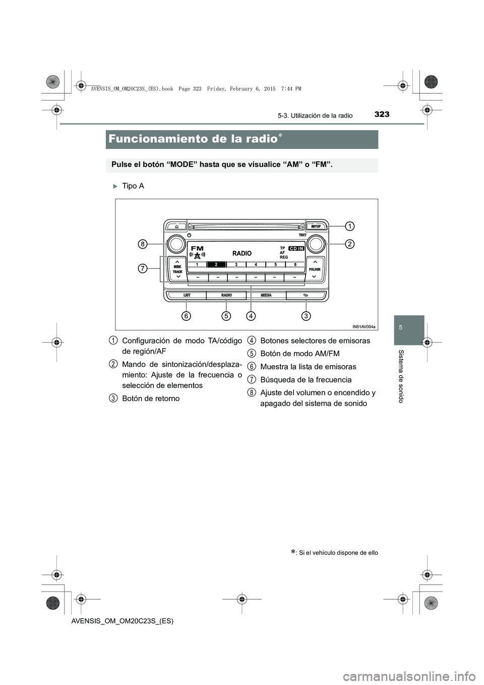TOYOTA AVENSIS 2016  Manuale de Empleo (in Spanish) 323
5
5-3. Utilización de la radio
Sistema de sonido
AVENSIS_OM_OM20C23S_(ES)
Funcionamiento de la radio∗
�XTipo A
∗: Si el vehículo dispone de ello
Pulse el botón “MODE” hasta que se visua