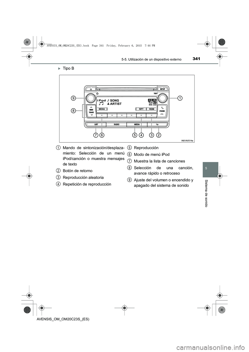 TOYOTA AVENSIS 2016  Manuale de Empleo (in Spanish) 3415-5. Utilización de un dispositivo externo
5
Sistema de sonido
AVENSIS_OM_OM20C23S_(ES)
�XTipo B
Mando de sintonización/desplaza-
miento: Selección de un menú
iPod/canción o muestra mensajes
d