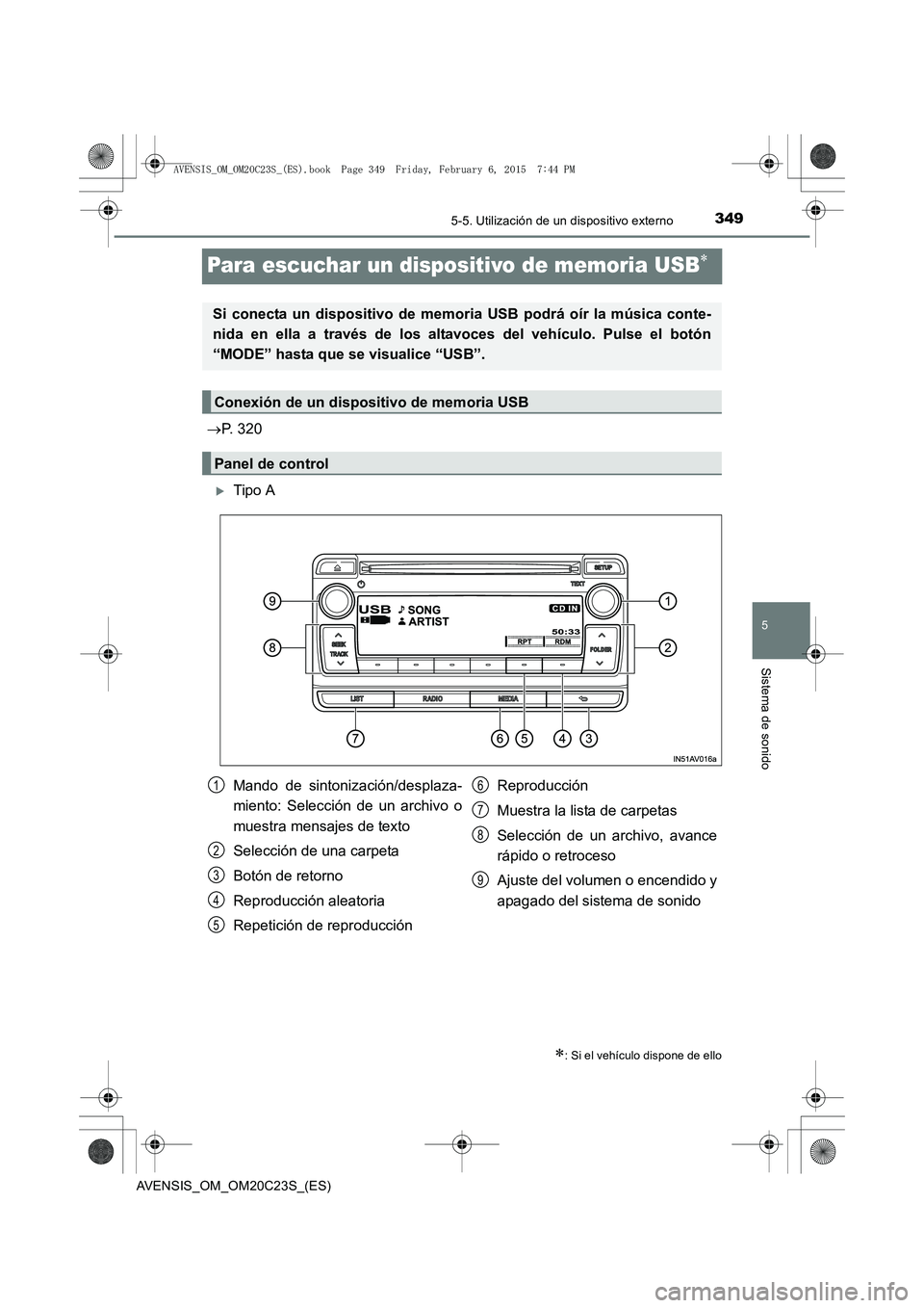 TOYOTA AVENSIS 2016  Manuale de Empleo (in Spanish) 349
5
5-5. Utilización de un dispositivo externo
Sistema de sonido
AVENSIS_OM_OM20C23S_(ES)
Para escuchar un dispositivo de memoria USB∗
→P. 320
�XTipo A
∗: Si el vehículo dispone de ello
Si c