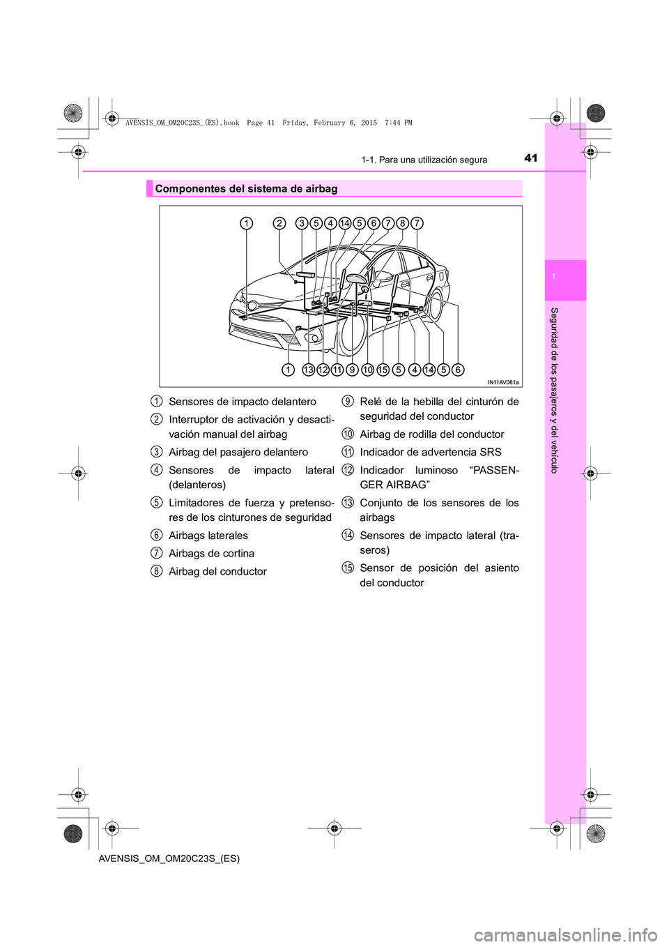 TOYOTA AVENSIS 2016  Manuale de Empleo (in Spanish) 411-1. Para una utilización segura
1
AVENSIS_OM_OM20C23S_(ES)
Seguridad de los pasajeros y del vehículo
Componentes del sistema de airbag
Sensores de impacto delantero
Interruptor de activación y d