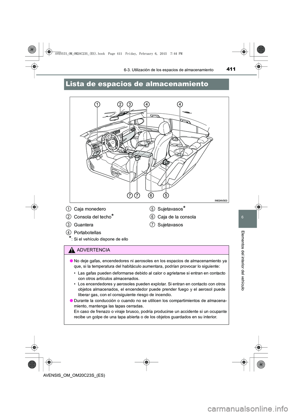 TOYOTA AVENSIS 2016  Manuale de Empleo (in Spanish) 4116-3. Utilización de los espacios de almacenamiento
AVENSIS_OM_OM20C23S_(ES)
6
Elementos del interior del vehículo
Lista de espacios de almacenamiento
*: Si el vehículo dispone de ello
Caja moned