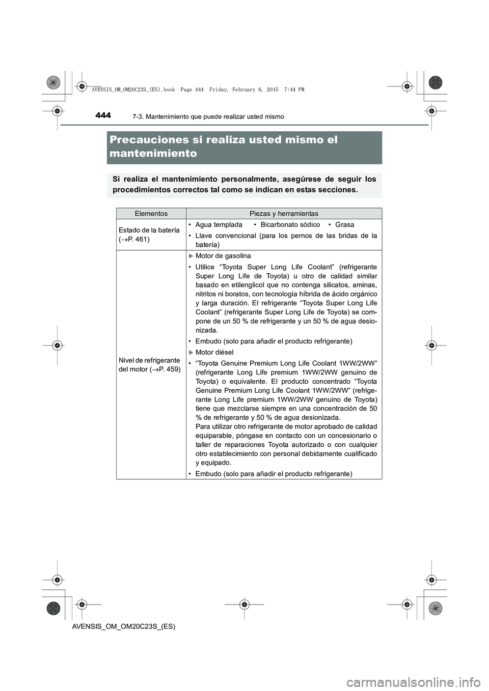 TOYOTA AVENSIS 2016 Manuale de Empleo (in Spanish) 4447-3. Mantenimiento que puede realizar usted mismo
AVENSIS_OM_OM20C23S_(ES)
Precauciones si realiza usted mismo el
mantenimiento
Si realiza el mantenimiento personalmente, asegúrese de seguir los
TOYOTA AVENSIS 2016 Manuale de Empleo (in Spanish) 4447-3. Mantenimiento que puede realizar usted mismo
AVENSIS_OM_OM20C23S_(ES)
Precauciones si realiza usted mismo el
mantenimiento
Si realiza el mantenimiento personalmente, asegúrese de seguir los