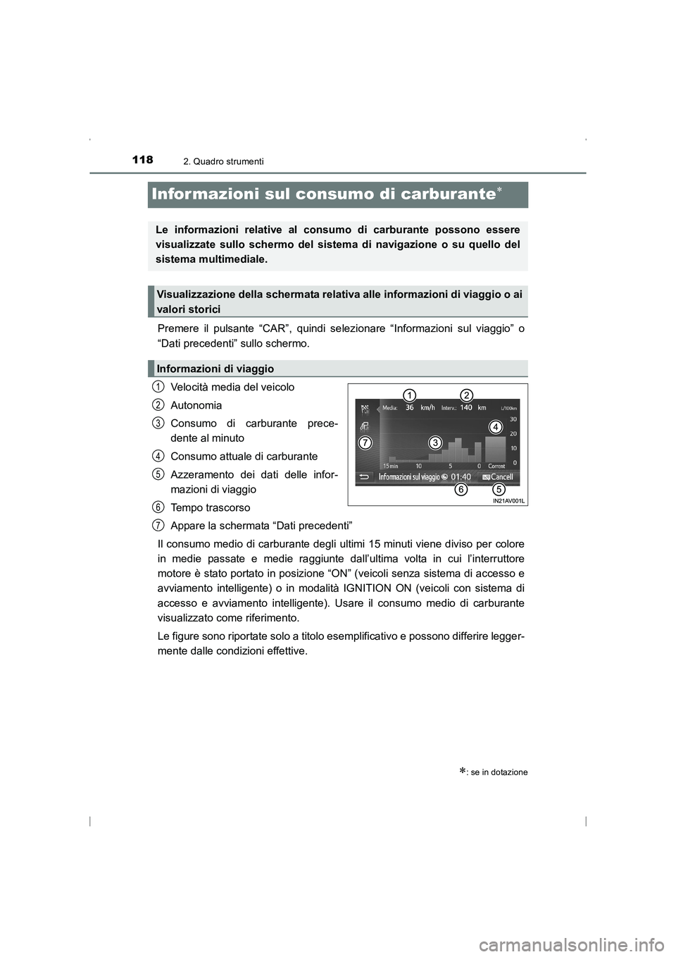 TOYOTA AVENSIS 2016 Manuale duso (in Italian) 1182. Quadro strumenti
AVENSIS_OM_OM20C24L_(EL)
Infor mazioni sul consumo di carburante∗
Premere il pulsante “CAR”, quindi selezionare “Informazioni sul viaggio” o
“Dati precedenti” sull TOYOTA AVENSIS 2016 Manuale duso (in Italian) 1182. Quadro strumenti
AVENSIS_OM_OM20C24L_(EL)
Infor mazioni sul consumo di carburante∗
Premere il pulsante “CAR”, quindi selezionare “Informazioni sul viaggio” o
“Dati precedenti” sull