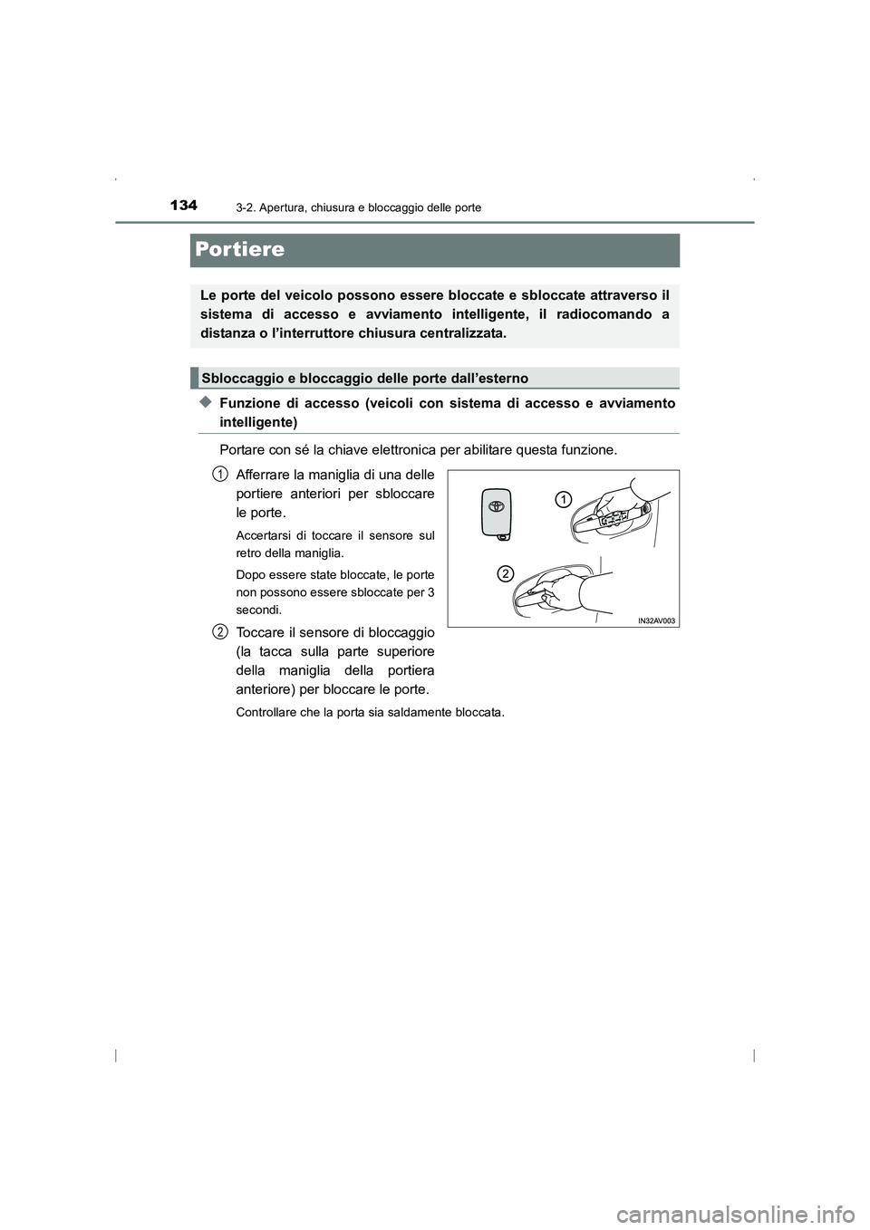 TOYOTA AVENSIS 2016  Manuale duso (in Italian) 1343-2. Apertura, chiusura e bloccaggio delle porte
AVENSIS_OM_OM20C24L_(EL)
Por tiere
◆Funzione di accesso (veicoli con sistema di accesso e avviamento
intelligente)
Portare con sé la chiave elett
