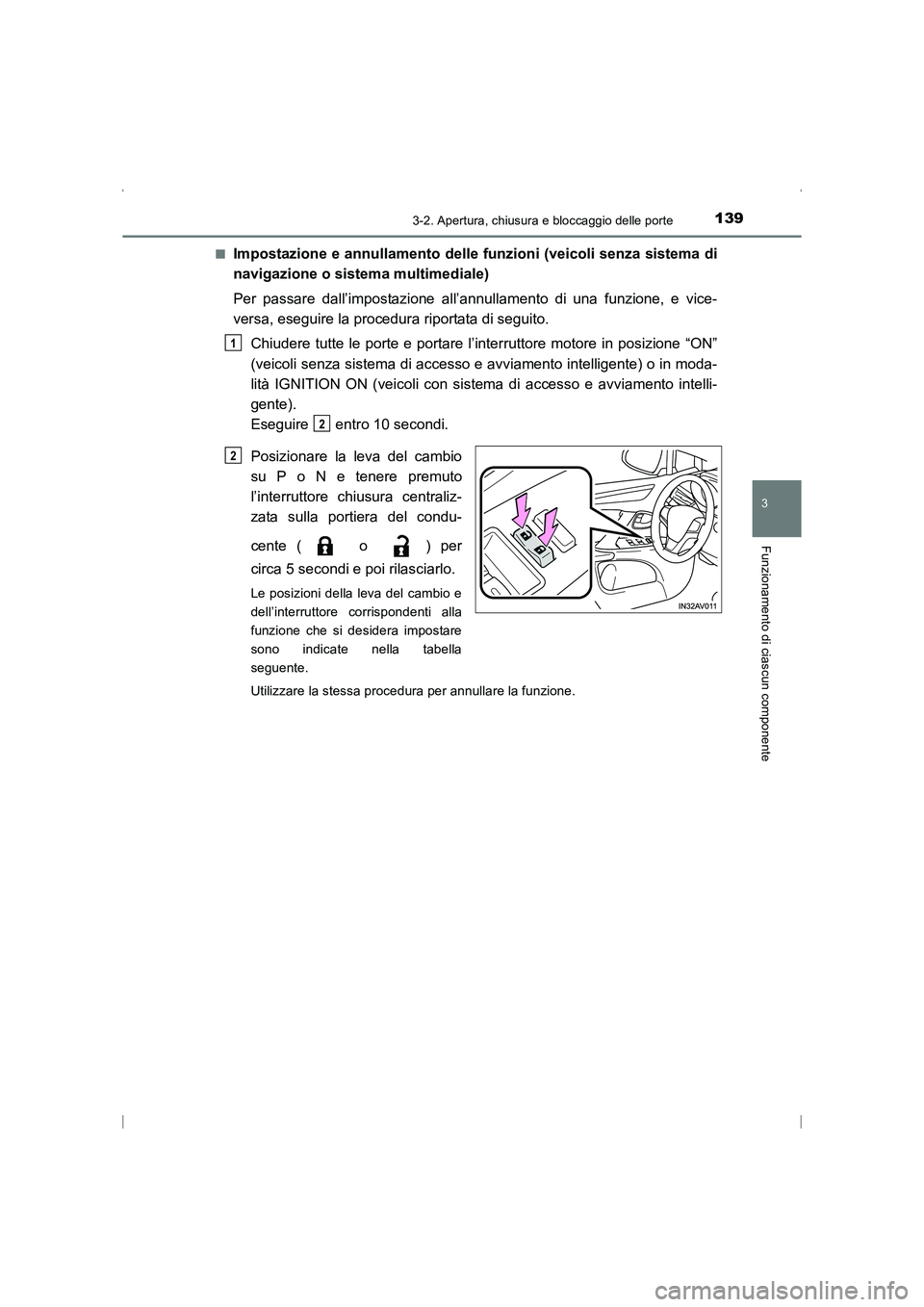 TOYOTA AVENSIS 2016 Manuale duso (in Italian) 1393-2. Apertura, chiusura e bloccaggio delle porte
3
Funzionamento di ciascun componente
AVENSIS_OM_OM20C24L_(EL)■
Impostazione e annullamento delle funzioni (veicoli senza sistema di
navigazione o TOYOTA AVENSIS 2016 Manuale duso (in Italian) 1393-2. Apertura, chiusura e bloccaggio delle porte
3
Funzionamento di ciascun componente
AVENSIS_OM_OM20C24L_(EL)■
Impostazione e annullamento delle funzioni (veicoli senza sistema di
navigazione o