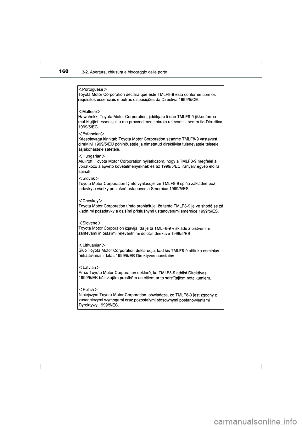 TOYOTA AVENSIS 2016  Manuale duso (in Italian) 1603-2. Apertura, chiusura e bloccaggio delle porte
AVENSIS_OM_OM20C24L_(EL)
AVENSIS_OM_OM20C24L_(EL).book  Page 160  Friday, February 6, 2015  7:48 PM 