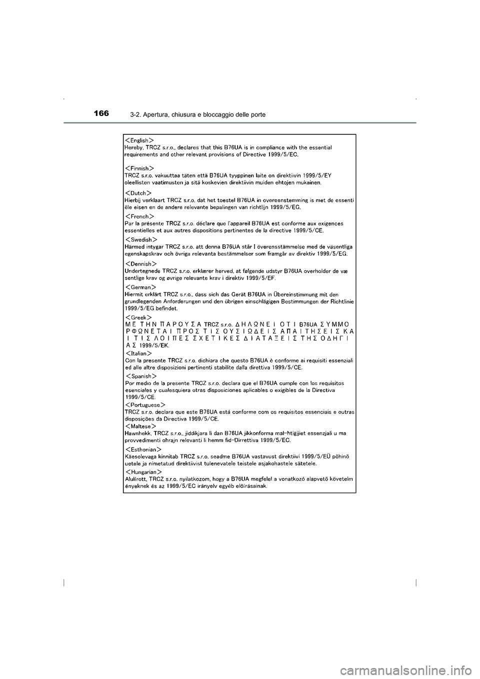 TOYOTA AVENSIS 2016  Manuale duso (in Italian) 1663-2. Apertura, chiusura e bloccaggio delle porte
AVENSIS_OM_OM20C24L_(EL)
AVENSIS_OM_OM20C24L_(EL).book  Page 166  Friday, February 6, 2015  7:48 PM 