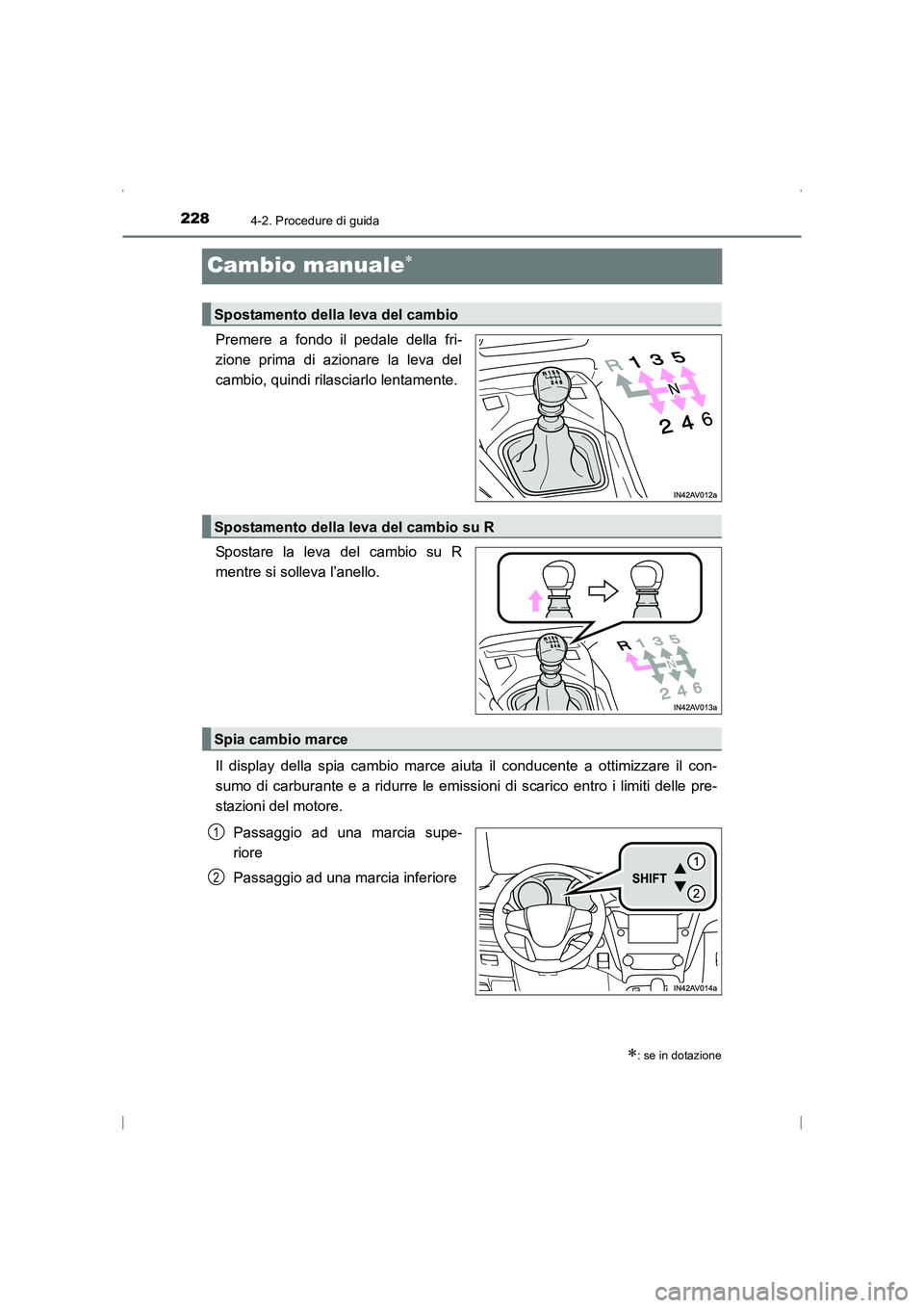 TOYOTA AVENSIS 2016  Manuale duso (in Italian) 2284-2. Procedure di guida
AVENSIS_OM_OM20C24L_(EL)
Cambio manuale∗
Premere a fondo il pedale della fri-
zione prima di azionare la leva del
cambio, quindi rilasciarlo lentamente.
Spostare la leva d