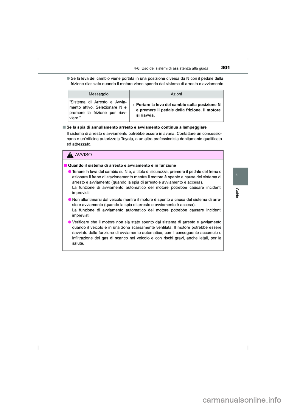 TOYOTA AVENSIS 2016 Manuale duso (in Italian) 3014-6. Uso dei sistemi di assistenza alla guida
4
Guida
AVENSIS_OM_OM20C24L_(EL)●
Se la leva del cambio viene portata in una posizione diversa da N con il pedale della
frizione rilasciato quando il TOYOTA AVENSIS 2016 Manuale duso (in Italian) 3014-6. Uso dei sistemi di assistenza alla guida
4
Guida
AVENSIS_OM_OM20C24L_(EL)●
Se la leva del cambio viene portata in una posizione diversa da N con il pedale della
frizione rilasciato quando il