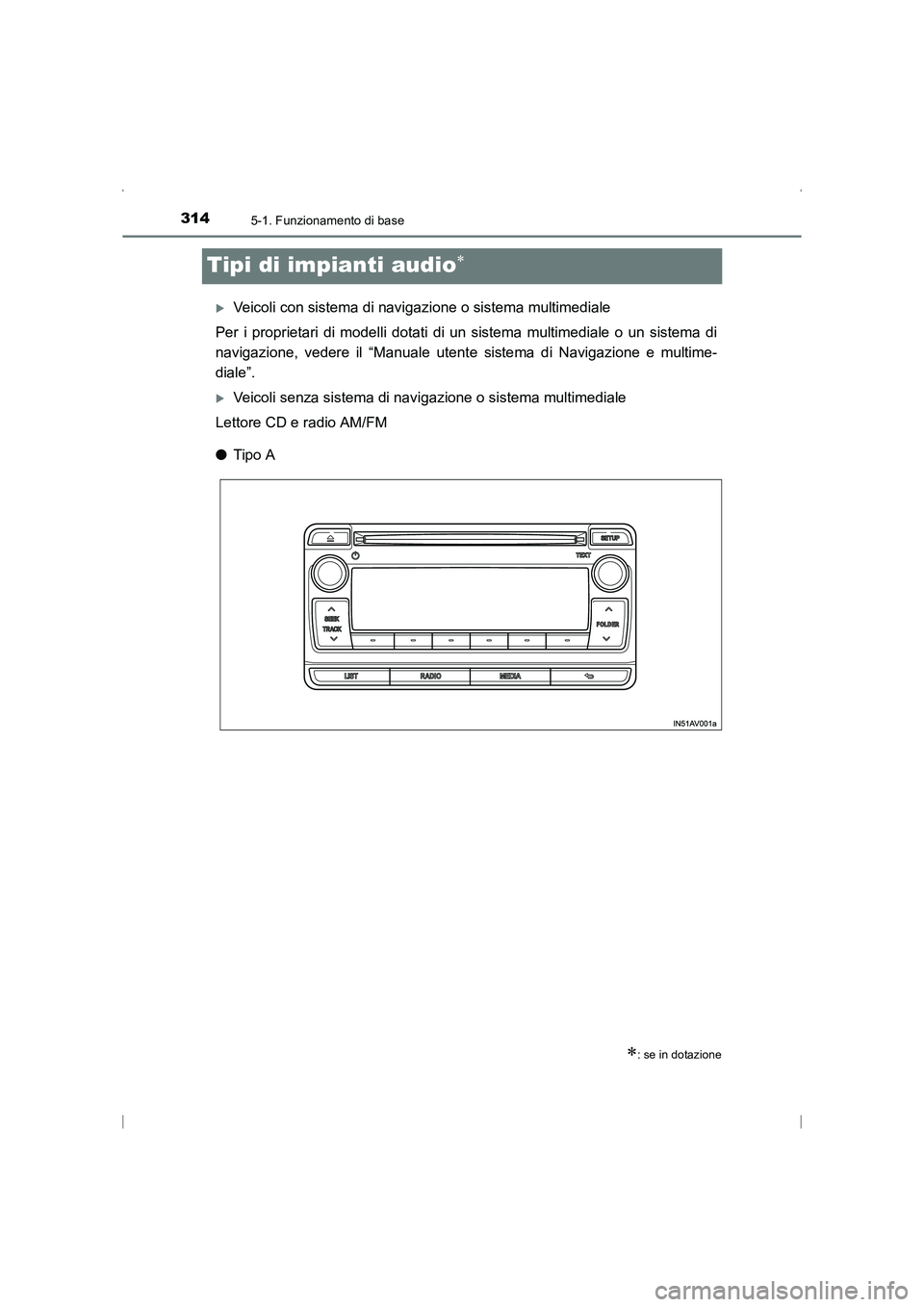 TOYOTA AVENSIS 2016  Manuale duso (in Italian) 3145-1. Funzionamento di base
AVENSIS_OM_OM20C24L_(EL)
Tipi di impianti audio∗
�XVeicoli con sistema di navigazione o sistema multimediale
Per i proprietari di modelli dotati di un sistema multimedi