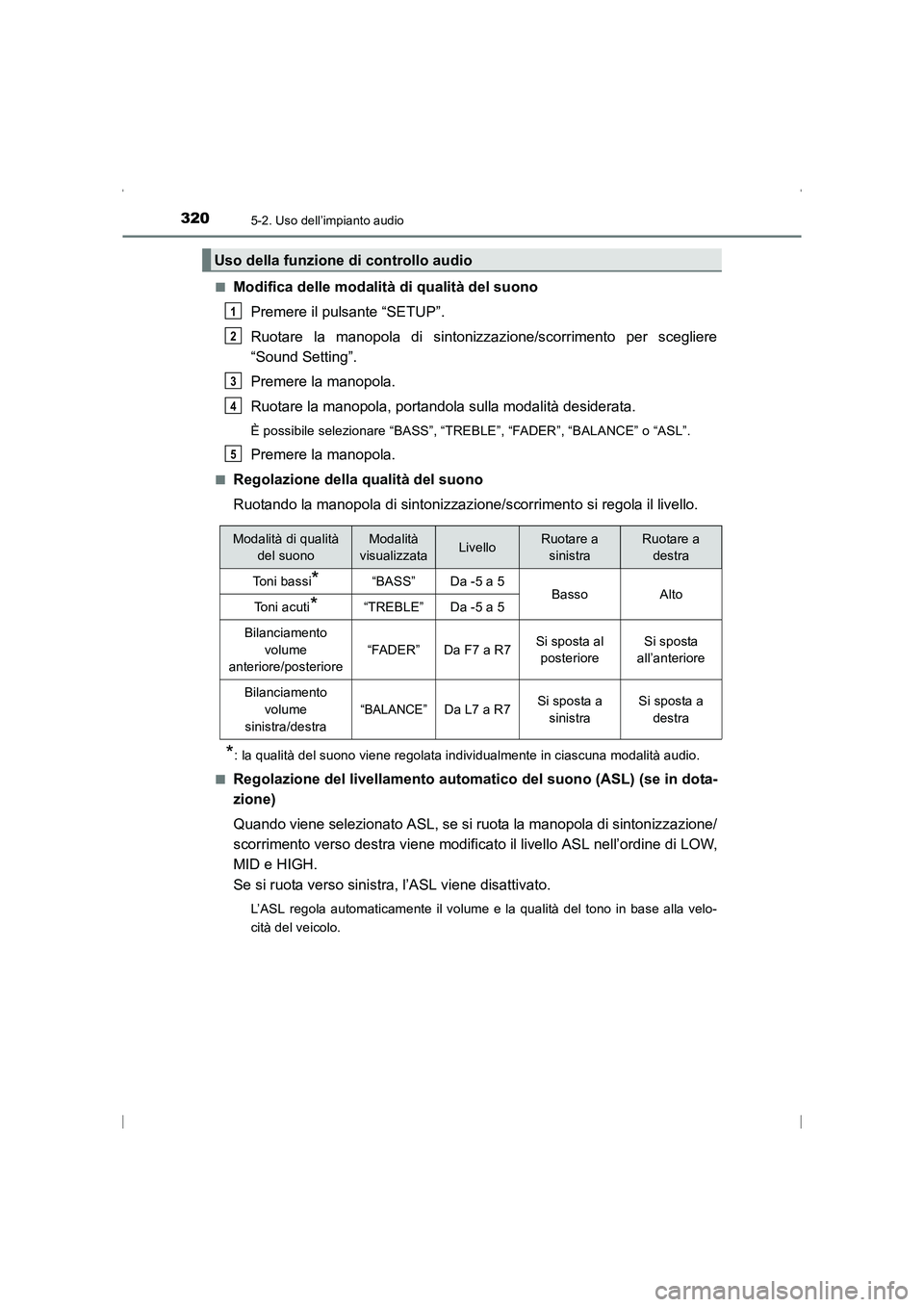 TOYOTA AVENSIS 2016  Manuale duso (in Italian) 3205-2. Uso dell’impianto audio
AVENSIS_OM_OM20C24L_(EL)■
Modifica delle modalità di qualità del suono
Premere il pulsante “SETUP”.
Ruotare la manopola di sintonizz azione/scorrimento per sc