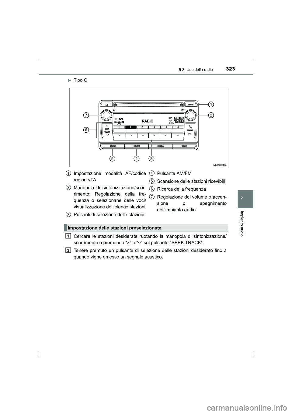 TOYOTA AVENSIS 2016  Manuale duso (in Italian) 3235-3. Uso della radio
5
Impianto audio
AVENSIS_OM_OM20C24L_(EL)
�XTipo C
Cercare le stazioni desiderate ruotando la manopola di sintonizzazione/
scorrimento o premendo “∧” o “ ∨” sul pul