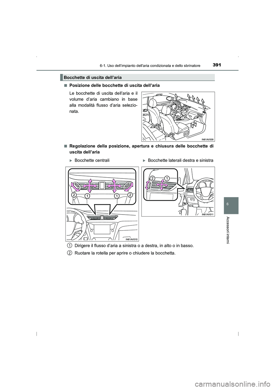 TOYOTA AVENSIS 2016  Manuale duso (in Italian) 3916-1. Uso dell’impianto dell’aria condizionata e dello sbrinatore
AVENSIS_OM_OM20C24L_(EL)
6
Accessori interni
■Posizione delle bocchette di uscita dell’aria
Le bocchette di uscita dell’ar