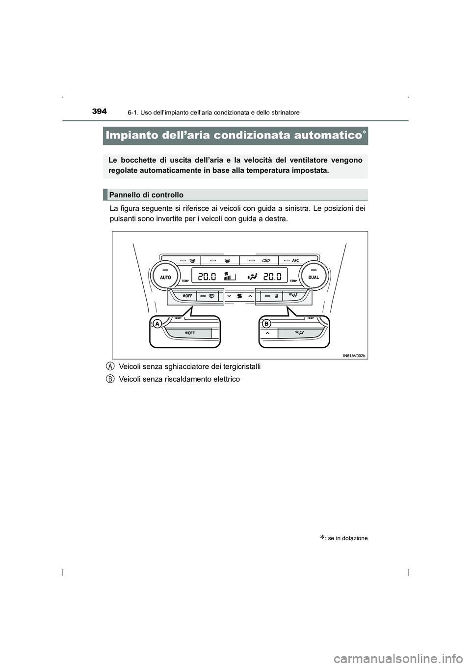 TOYOTA AVENSIS 2016  Manuale duso (in Italian) 3946-1. Uso dell’impianto dell’aria condizionata e dello sbrinatore
AVENSIS_OM_OM20C24L_(EL)
Impianto dell’aria condizionata automatico∗
La figura seguente si riferisce ai veicoli con guida a 