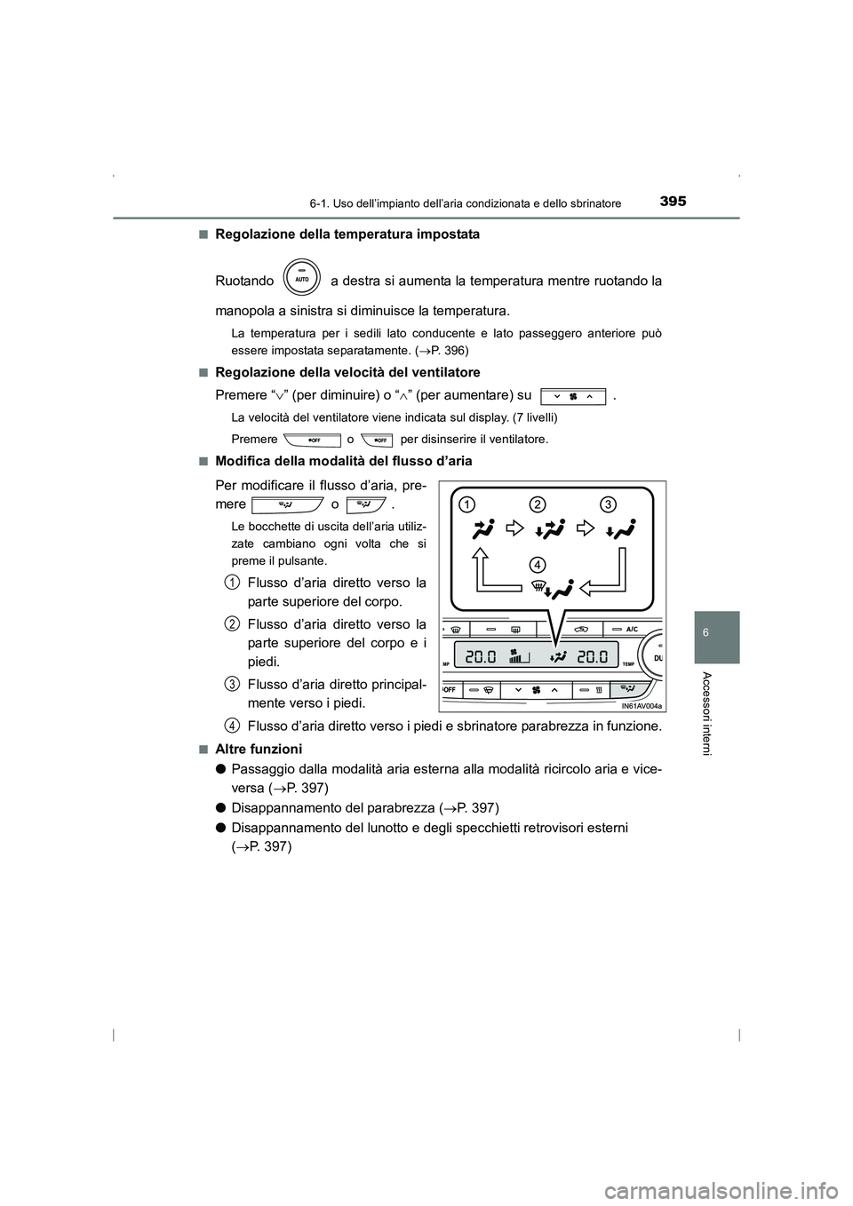TOYOTA AVENSIS 2016 Manuale duso (in Italian) 3956-1. Uso dell’impianto dell’aria condizionata e dello sbrinatore
AVENSIS_OM_OM20C24L_(EL)
6
Accessori interni
■Regolazione della temperatura impostata
Ruotando a destra si aumenta la temper TOYOTA AVENSIS 2016 Manuale duso (in Italian) 3956-1. Uso dell’impianto dell’aria condizionata e dello sbrinatore
AVENSIS_OM_OM20C24L_(EL)
6
Accessori interni
■Regolazione della temperatura impostata
Ruotando a destra si aumenta la temper