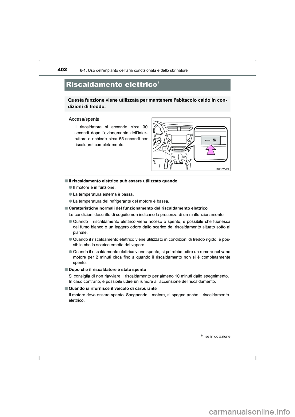 TOYOTA AVENSIS 2016 Manuale duso (in Italian) 4026-1. Uso dell’impianto dell’aria condizionata e dello sbrinatore
AVENSIS_OM_OM20C24L_(EL)
Riscaldamento elettrico∗
Accesa/spenta
Il riscaldatore si accende circa 30
secondi dopo l’azionamen TOYOTA AVENSIS 2016 Manuale duso (in Italian) 4026-1. Uso dell’impianto dell’aria condizionata e dello sbrinatore
AVENSIS_OM_OM20C24L_(EL)
Riscaldamento elettrico∗
Accesa/spenta
Il riscaldatore si accende circa 30
secondi dopo l’azionamen