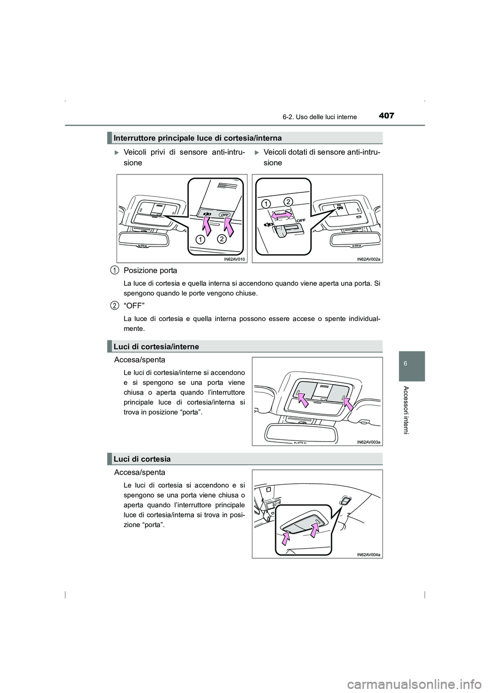 TOYOTA AVENSIS 2016  Manuale duso (in Italian) 4076-2. Uso delle luci interne
AVENSIS_OM_OM20C24L_(EL)
6
Accessori interni
Posizione porta
La luce di cortesia e quella interna si accendono quando viene aperta una porta. Si
spengono quando le porte