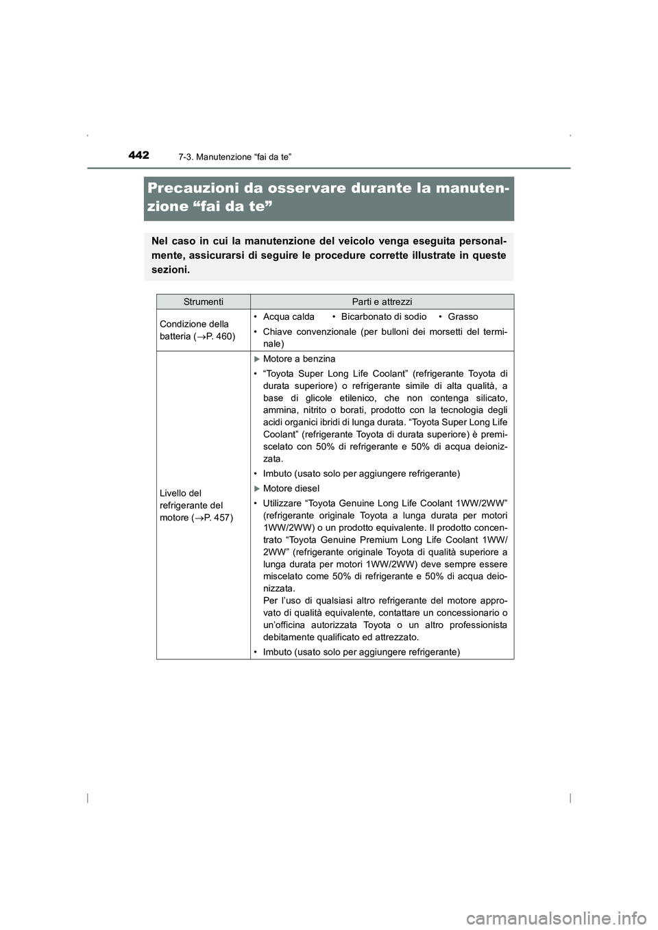 TOYOTA AVENSIS 2016  Manuale duso (in Italian) 4427-3. Manutenzione “fai da te”
AVENSIS_OM_OM20C24L_(EL)
Precauzioni da osser vare durante la manuten-
zione “fai da te”
Nel caso in cui la manutenzione del veicolo venga eseguita personal-
m