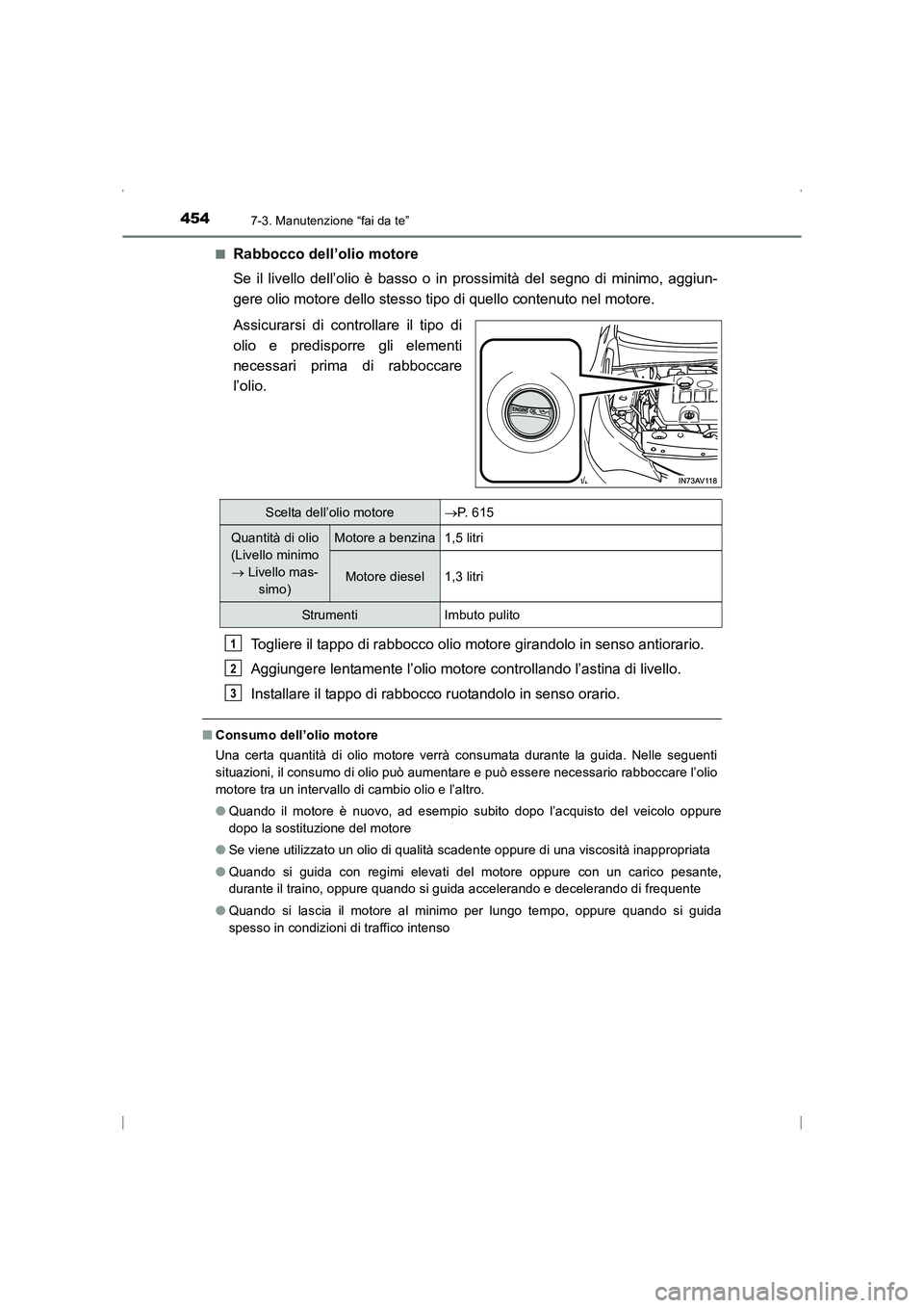 TOYOTA AVENSIS 2016  Manuale duso (in Italian) 4547-3. Manutenzione “fai da te”
AVENSIS_OM_OM20C24L_(EL)■
Rabbocco dell’olio motore
Se il livello dell’olio è basso o in 
prossimità del segno di minimo, aggiun-
gere olio motore dello st
