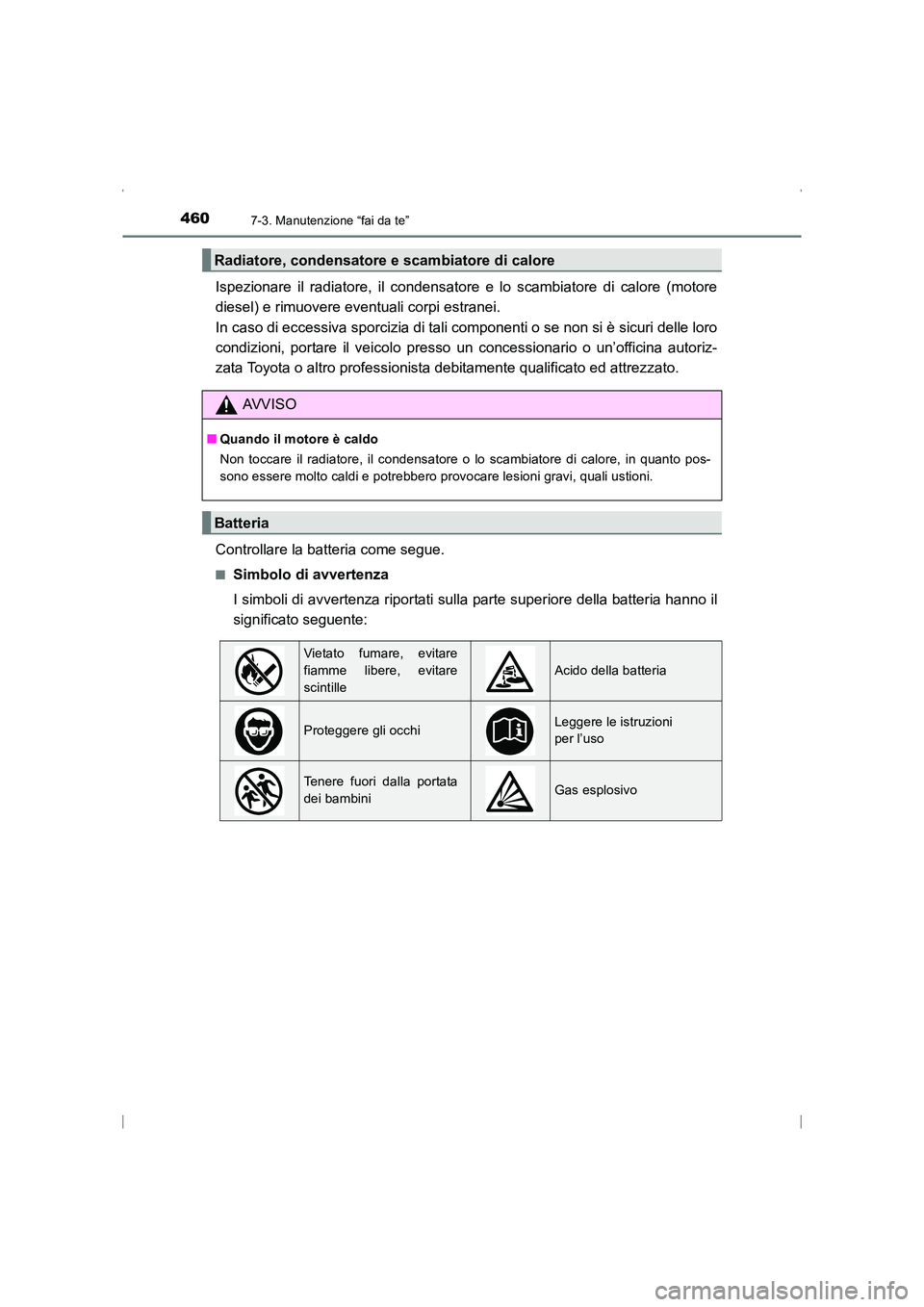 TOYOTA AVENSIS 2016 Manuale duso (in Italian) 4607-3. Manutenzione “fai da te”
AVENSIS_OM_OM20C24L_(EL)
Ispezionare il radiatore, il condensatore e lo scambiatore di calore (motore
diesel) e rimuovere eventuali corpi estranei.
In caso di ecc TOYOTA AVENSIS 2016 Manuale duso (in Italian) 4607-3. Manutenzione “fai da te”
AVENSIS_OM_OM20C24L_(EL)
Ispezionare il radiatore, il condensatore e lo scambiatore di calore (motore
diesel) e rimuovere eventuali corpi estranei.
In caso di ecc