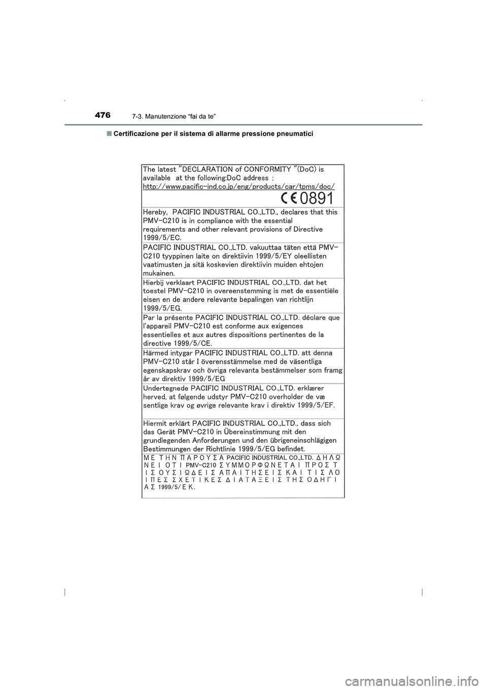 TOYOTA AVENSIS 2016  Manuale duso (in Italian) 4767-3. Manutenzione “fai da te”
AVENSIS_OM_OM20C24L_(EL)■
Certificazione per il sistema di allarme pressione pneumatici
AVENSIS_OM_OM20C24L_(EL).book  Page 476  Friday, February 6, 20 15  7:48 