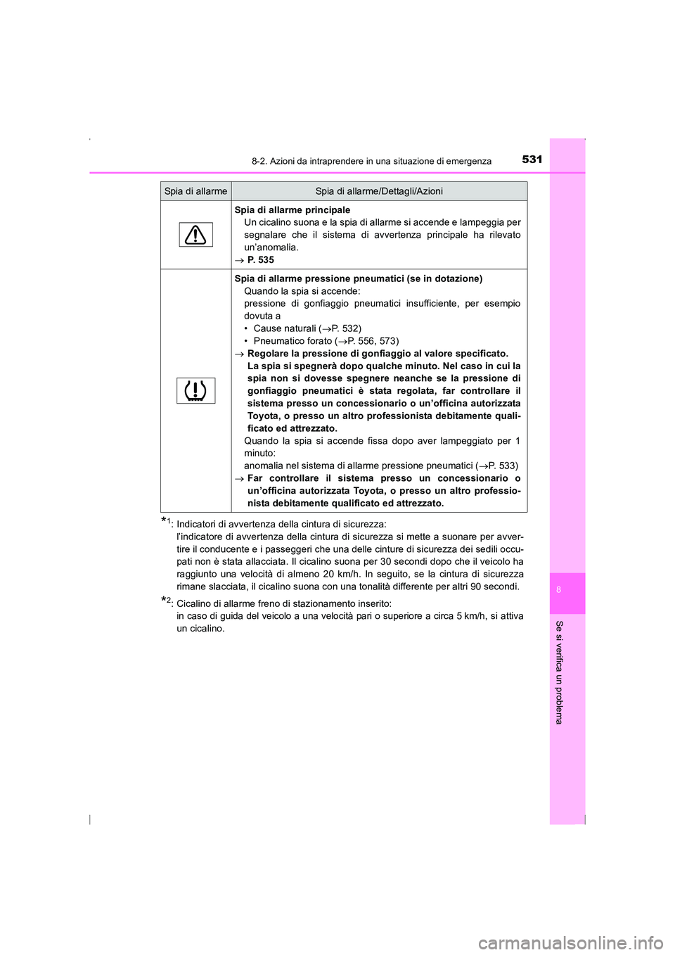 TOYOTA AVENSIS 2016 Manuale duso (in Italian) 5318-2. Azioni da intraprendere in una situazione di emergenza
AVENSIS_OM_OM20C24L_(EL)
8
Se si verifica un problema
*1: Indicatori di avvertenza della cintura di sicurezza: l’indicatore di avverten TOYOTA AVENSIS 2016 Manuale duso (in Italian) 5318-2. Azioni da intraprendere in una situazione di emergenza
AVENSIS_OM_OM20C24L_(EL)
8
Se si verifica un problema
*1: Indicatori di avvertenza della cintura di sicurezza: l’indicatore di avverten