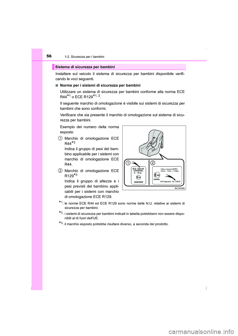 TOYOTA AVENSIS 2016  Manuale duso (in Italian) 561-2. Sicurezza per i bambini
AVENSIS_OM_OM20C24L_(EL)
Installare sul veicolo il sistema di sicurezza per bambini disponibile verifi-
cando le voci seguenti.
■Norme per i sistemi di sicurezza per b