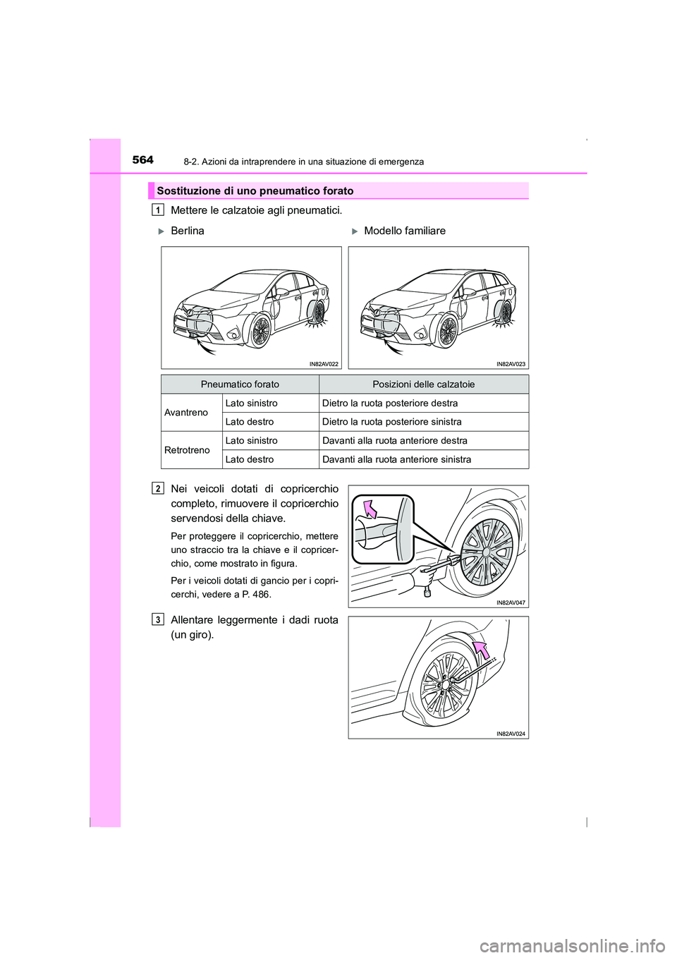 TOYOTA AVENSIS 2016  Manuale duso (in Italian) 5648-2. Azioni da intraprendere in una situazione di emergenza
AVENSIS_OM_OM20C24L_(EL)
Mettere le calzatoie agli pneumatici.
Nei veicoli dotati di copricerchio
completo, rimuovere il copricerchio
ser
