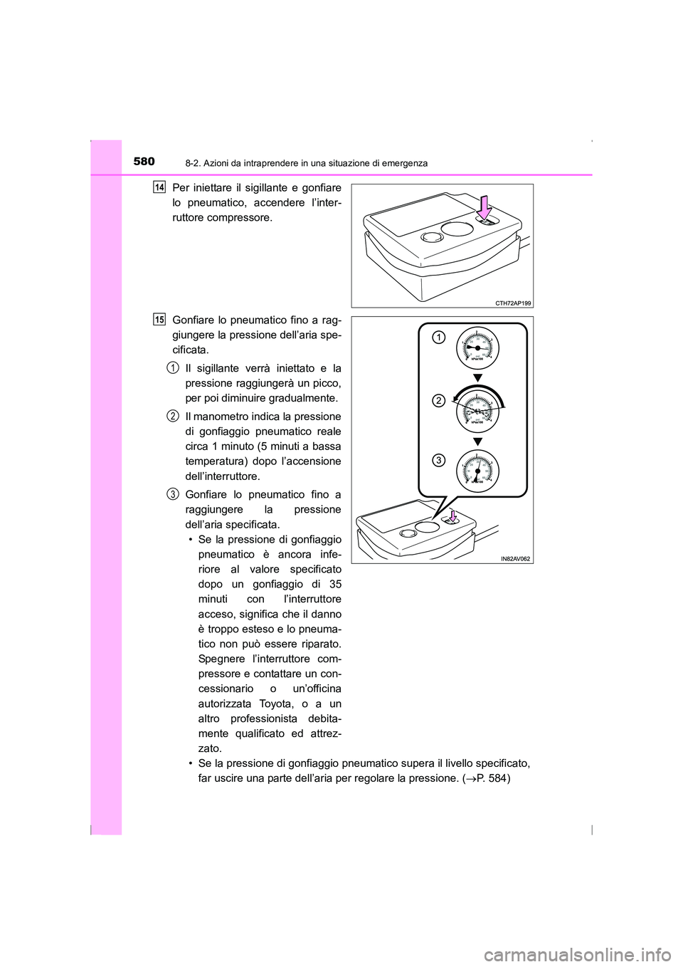 TOYOTA AVENSIS 2016 Manuale duso (in Italian) 5808-2. Azioni da intraprendere in una situazione di emergenza
AVENSIS_OM_OM20C24L_(EL)
Per iniettare il sigillante e gonfiare
lo pneumatico, accendere l’inter-
ruttore compressore.
Gonfiare lo pneu TOYOTA AVENSIS 2016 Manuale duso (in Italian) 5808-2. Azioni da intraprendere in una situazione di emergenza
AVENSIS_OM_OM20C24L_(EL)
Per iniettare il sigillante e gonfiare
lo pneumatico, accendere l’inter-
ruttore compressore.
Gonfiare lo pneu