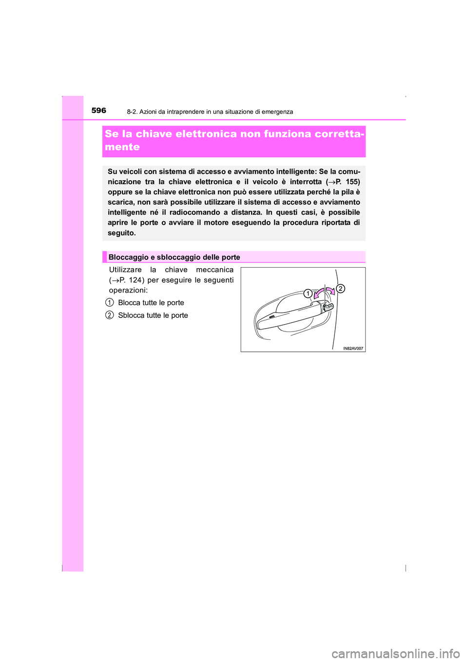 TOYOTA AVENSIS 2016  Manuale duso (in Italian) 5968-2. Azioni da intraprendere in una situazione di emergenza
AVENSIS_OM_OM20C24L_(EL)
Se la chiave elettronica non funziona corretta-
mente
Utilizzare la chiave meccanica
(→ P. 124) per eseguire l