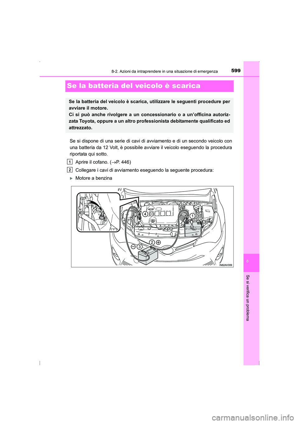TOYOTA AVENSIS 2016  Manuale duso (in Italian) 5998-2. Azioni da intraprendere in una situazione di emergenza
AVENSIS_OM_OM20C24L_(EL)
8
Se si verifica un problema
Se la batteria del veicolo è scarica
Se si dispone di una serie di cavi di avviame