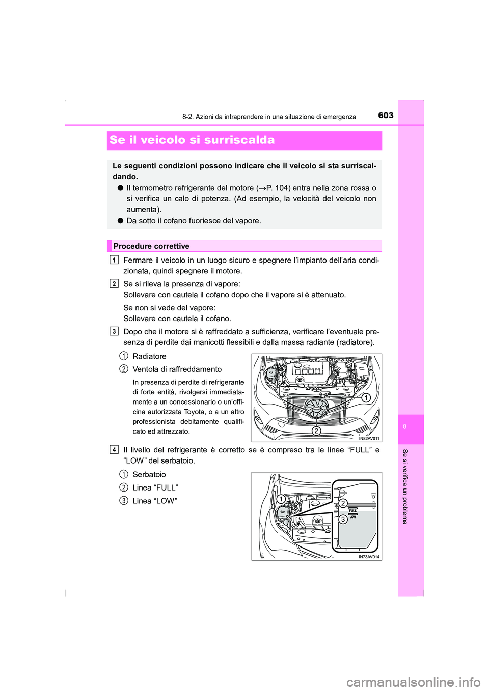 TOYOTA AVENSIS 2016 Manuale duso (in Italian) 6038-2. Azioni da intraprendere in una situazione di emergenza
AVENSIS_OM_OM20C24L_(EL)
8
Se si verifica un problema
Se il veicolo si surriscalda
Fermare il veicolo in un luogo sicuro e spegnere l’i TOYOTA AVENSIS 2016 Manuale duso (in Italian) 6038-2. Azioni da intraprendere in una situazione di emergenza
AVENSIS_OM_OM20C24L_(EL)
8
Se si verifica un problema
Se il veicolo si surriscalda
Fermare il veicolo in un luogo sicuro e spegnere l’i