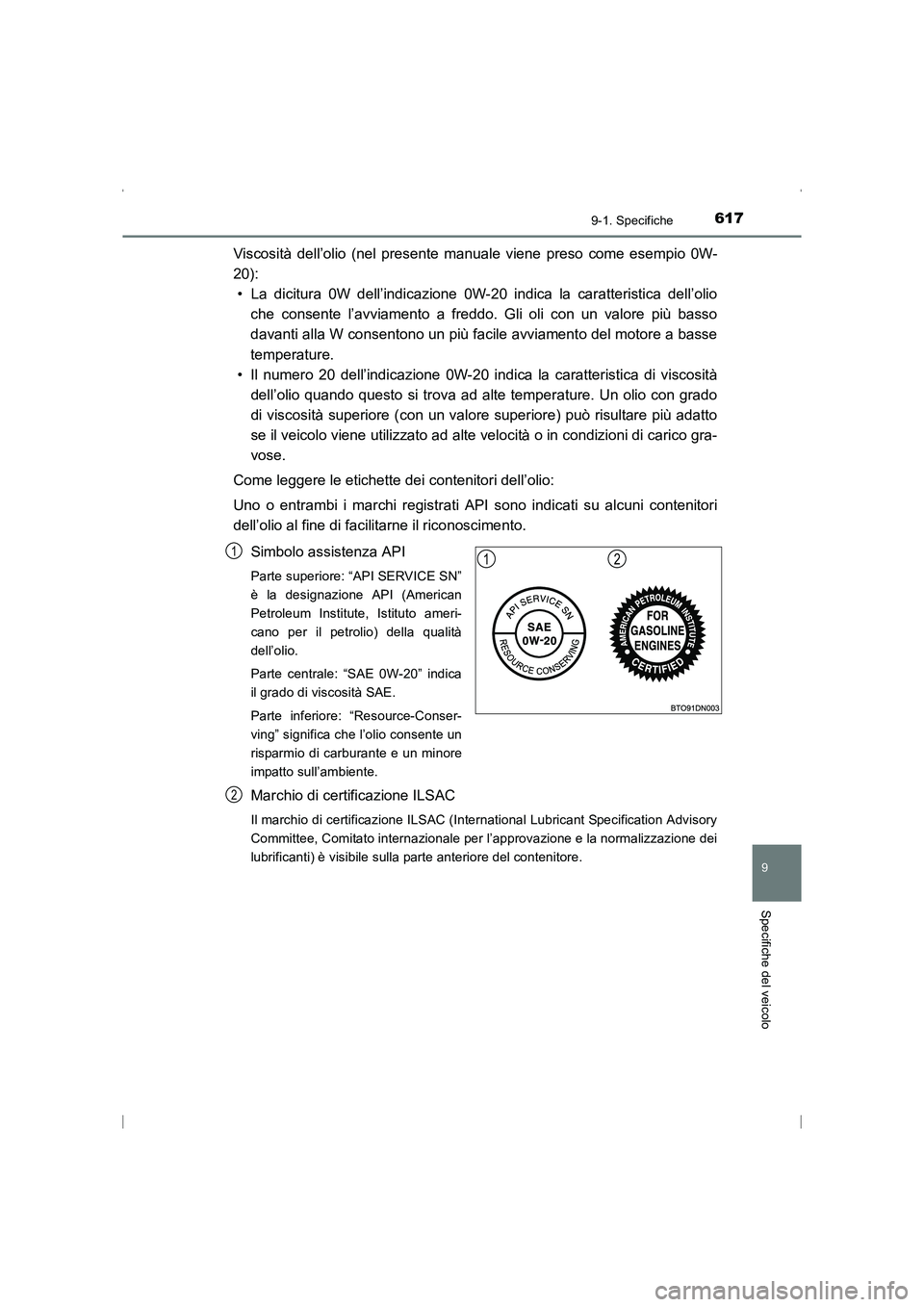 TOYOTA AVENSIS 2016 Manuale duso (in Italian) 6179-1. Specifiche
AVENSIS_OM_OM20C24L_(EL)
9
Specifiche del veicolo
Viscosità dell’olio (nel presente manuale viene preso come esempio 0W-
20):• La dicitura 0W dell’indicazione 0W-20 indica la TOYOTA AVENSIS 2016 Manuale duso (in Italian) 6179-1. Specifiche
AVENSIS_OM_OM20C24L_(EL)
9
Specifiche del veicolo
Viscosità dell’olio (nel presente manuale viene preso come esempio 0W-
20):• La dicitura 0W dell’indicazione 0W-20 indica la