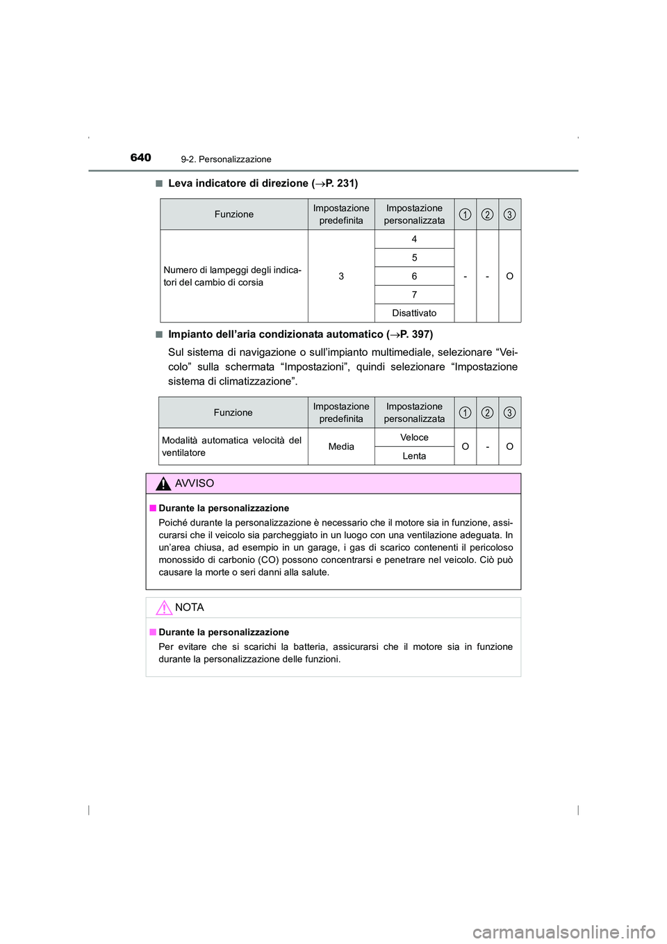 TOYOTA AVENSIS 2016  Manuale duso (in Italian) 6409-2. Personalizzazione
AVENSIS_OM_OM20C24L_(EL)■
Leva indicatore di direzione (
→P. 231)
■Impianto dell’aria condizionata automatico ( →P. 397)
Sul sistema di navigazione o sull’impiant