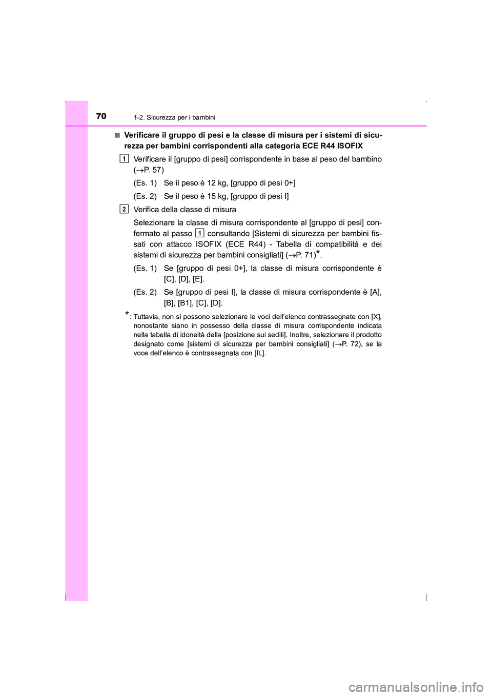 TOYOTA AVENSIS 2016 Manuale duso (in Italian) 701-2. Sicurezza per i bambini
AVENSIS_OM_OM20C24L_(EL)■
Verificare il gruppo di pesi e la classe di misura per i sistemi di sicu-
rezza per bambini corrispondenti alla categoria ECE R44 ISOFIX
Veri TOYOTA AVENSIS 2016 Manuale duso (in Italian) 701-2. Sicurezza per i bambini
AVENSIS_OM_OM20C24L_(EL)■
Verificare il gruppo di pesi e la classe di misura per i sistemi di sicu-
rezza per bambini corrispondenti alla categoria ECE R44 ISOFIX
Veri