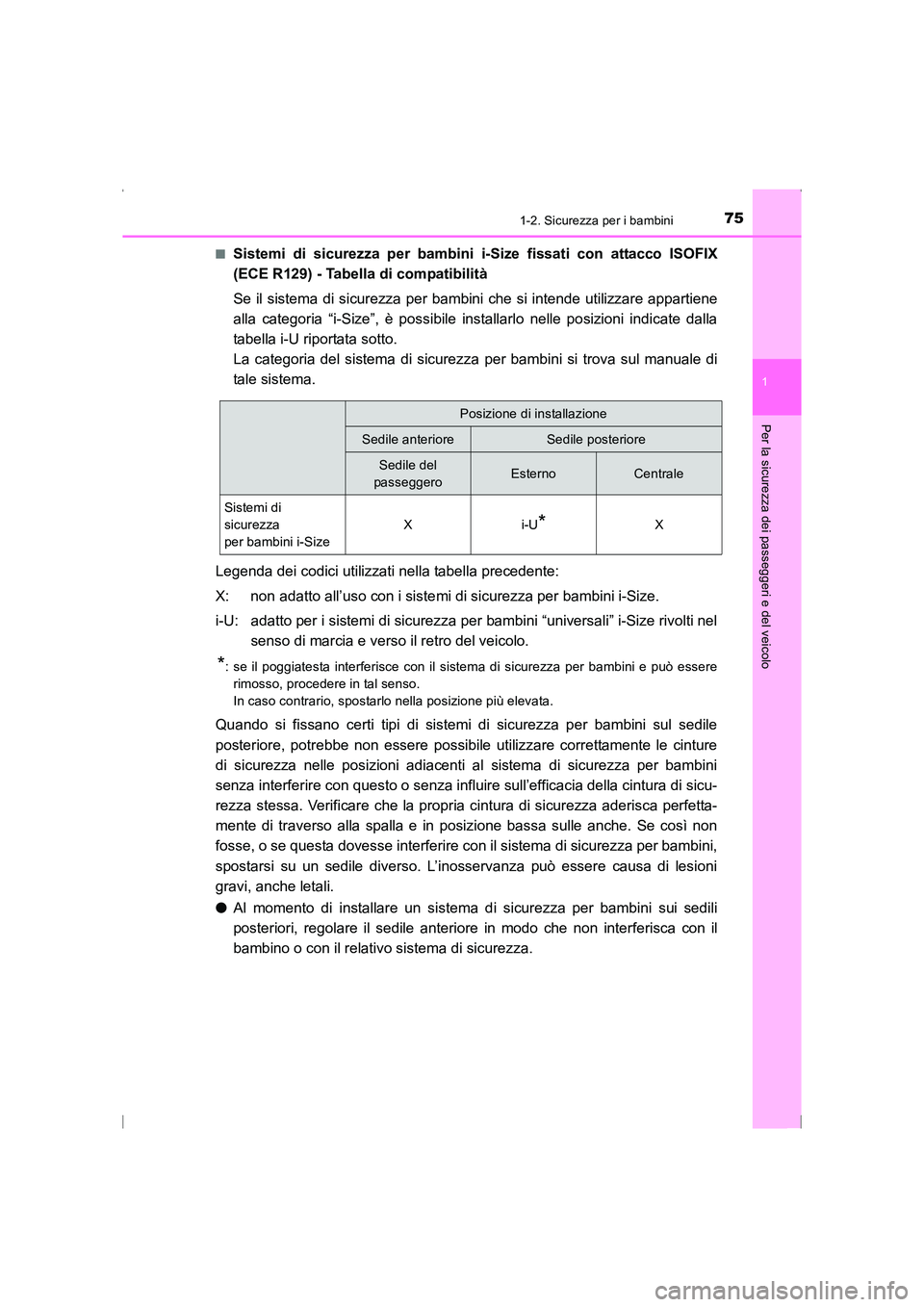 TOYOTA AVENSIS 2016 Manuale duso (in Italian) 751-2. Sicurezza per i bambini
1
AVENSIS_OM_OM20C24L_(EL)
Per la sicurezza dei passeggeri e del veicolo
■Sistemi di sicurezza per bambini i-Size fissati con attacco ISOFIX
(ECE R129) - Tabella di co TOYOTA AVENSIS 2016 Manuale duso (in Italian) 751-2. Sicurezza per i bambini
1
AVENSIS_OM_OM20C24L_(EL)
Per la sicurezza dei passeggeri e del veicolo
■Sistemi di sicurezza per bambini i-Size fissati con attacco ISOFIX
(ECE R129) - Tabella di co